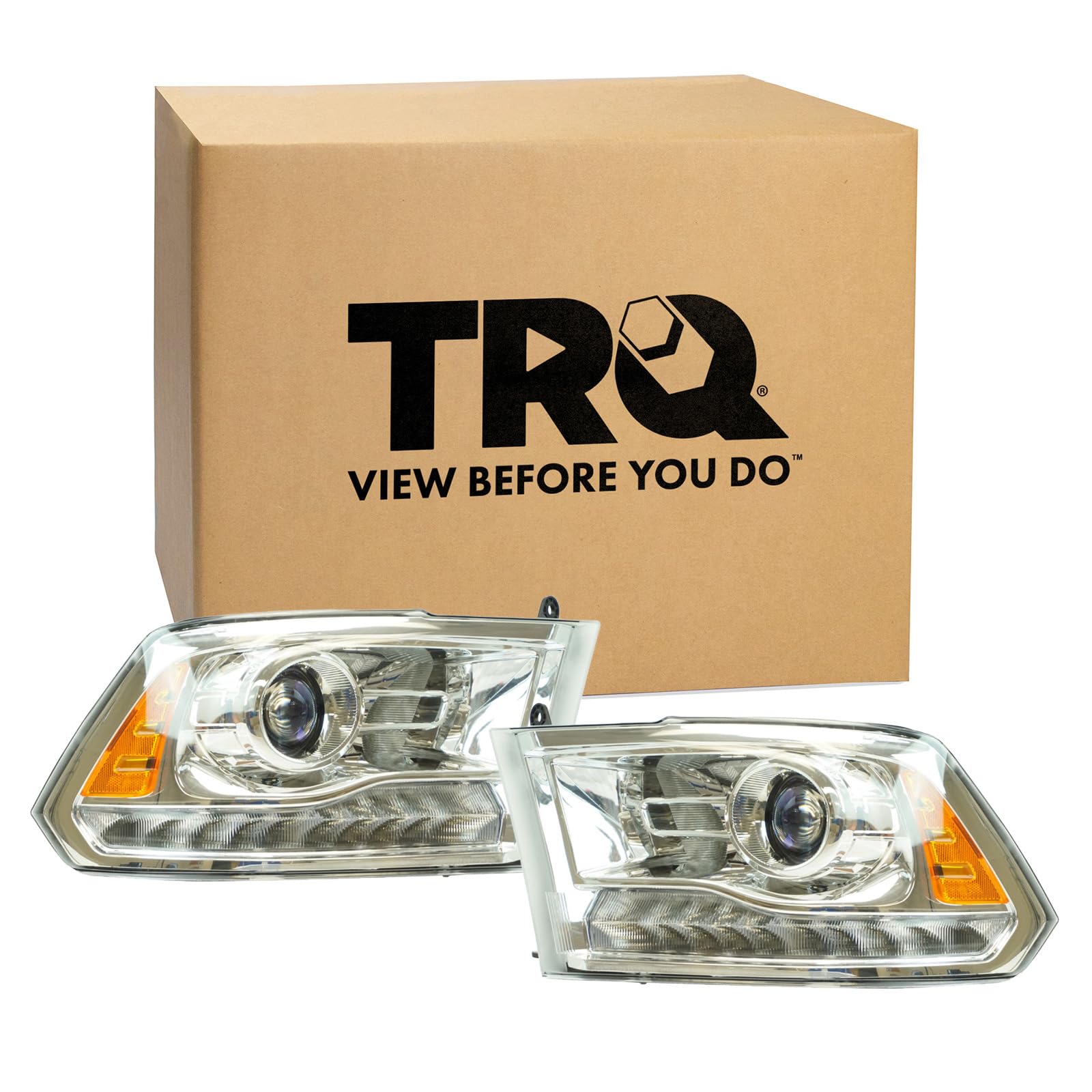 TRQ 2 Piece Headlight Assembly Set Chrome Bezel Driver &amp; Passenger Side Compatible with Ram 1500 2500 3500 2013-2018 CH2502244 CH2503244 68093216AD 68093217AD