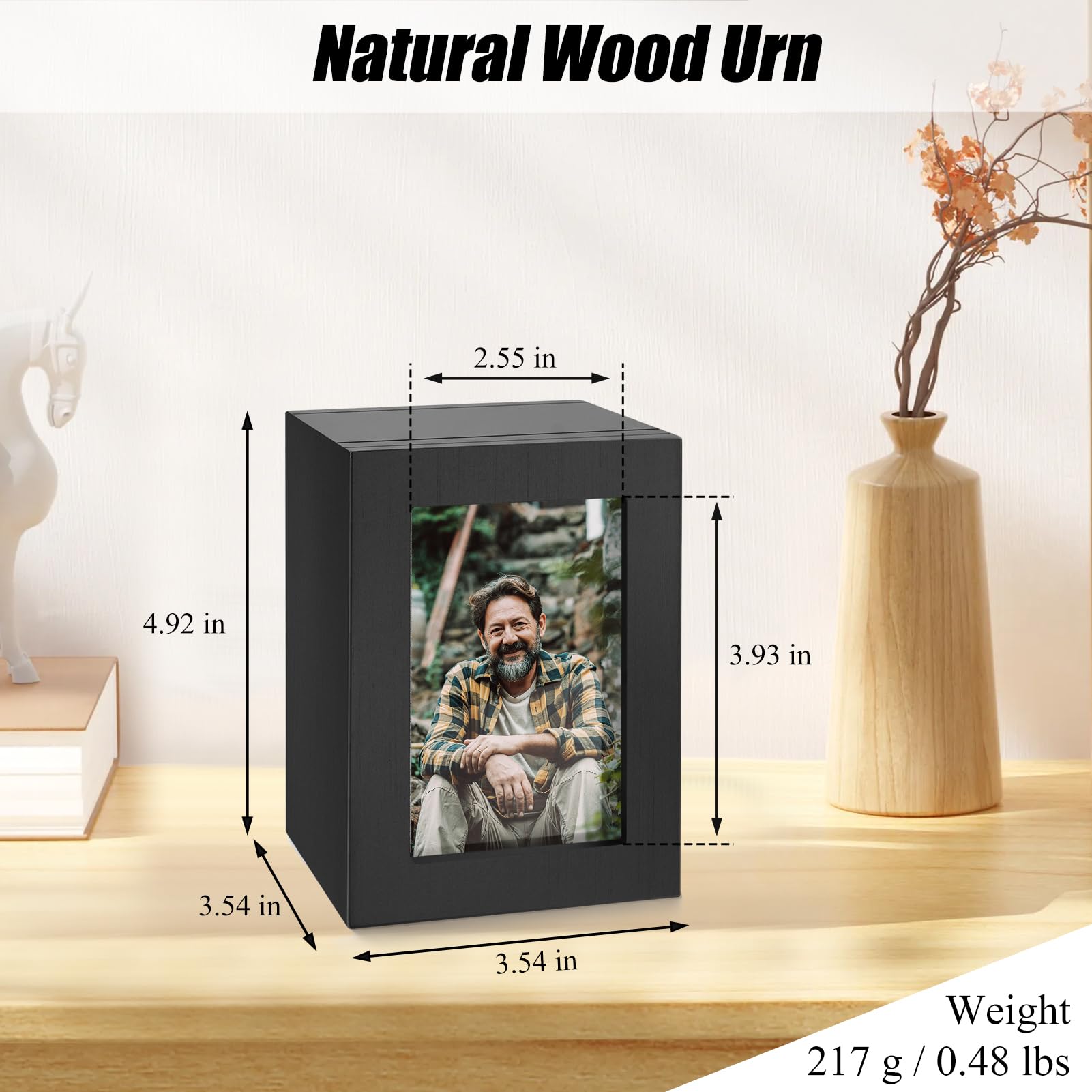 SOITIS Small Wood Urn for Human Ashes, Cremation Ashes Urns Black with Photo Frame - Mini Memorial Wood Urns Box, Decorative Keepsake Urn for Women Men