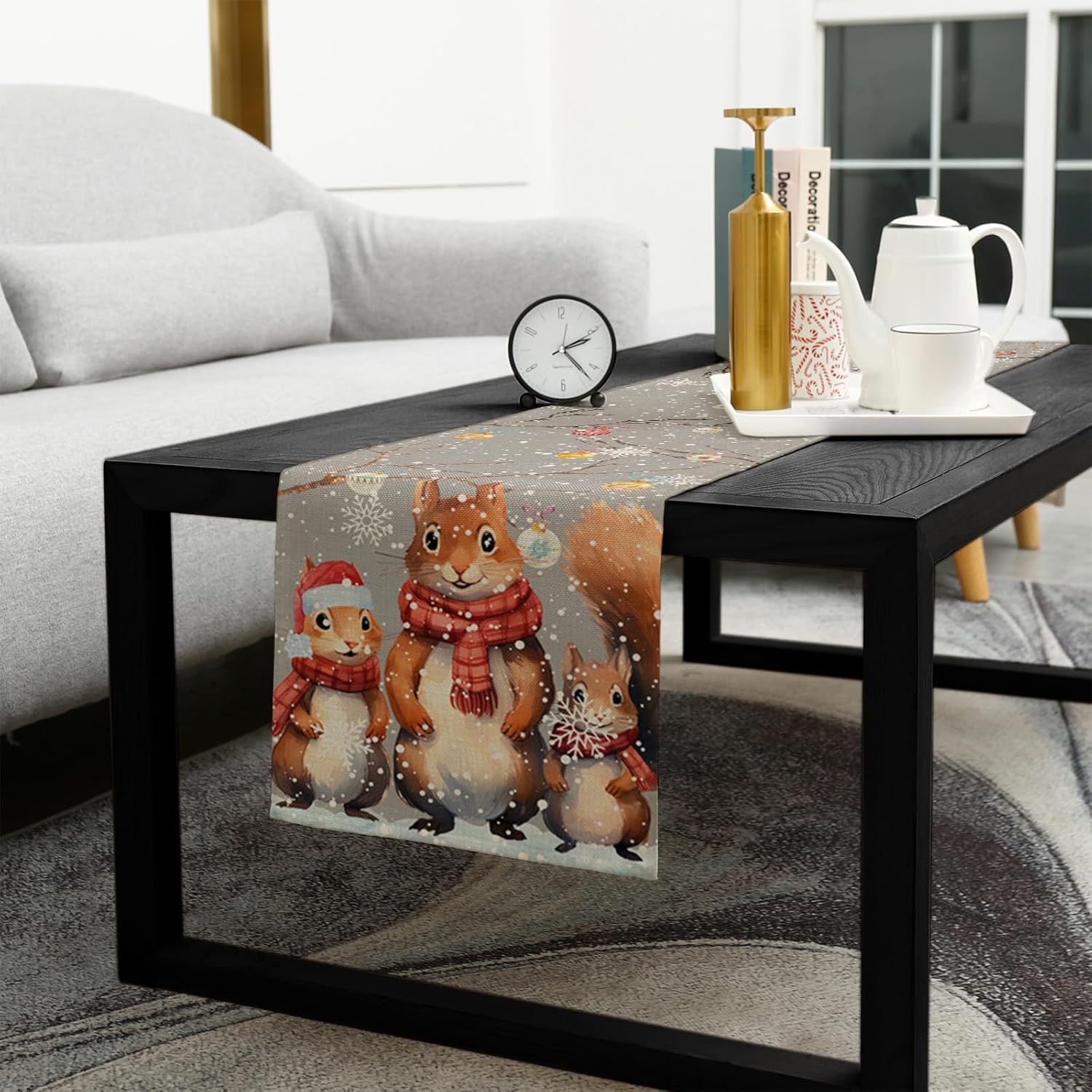 Xmas Table Runner 108 Inches Long, Cotton Linen Kitchen Dinner Table Runners, Burlap Tablerunner for Dresser/Dining/Party/Wedding, Forest Squirrel Christmas Snowflake Grey