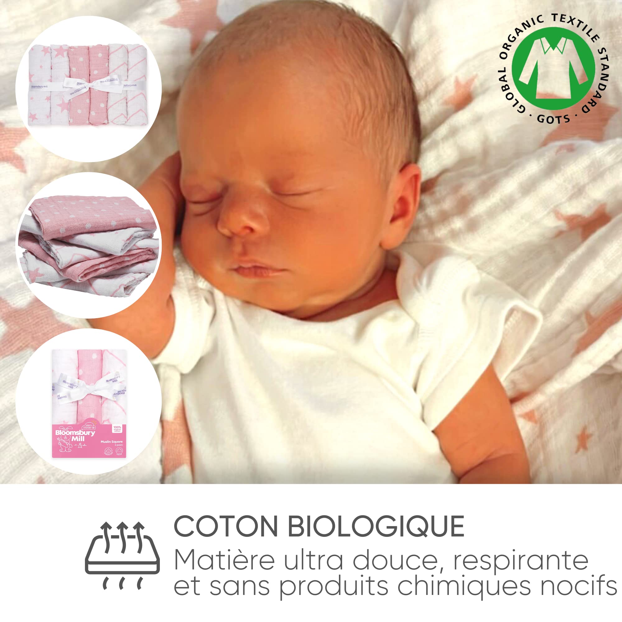 Bloomsbury Mill - Lange Bebe - Lot de 6-70x70cm - 100% Pur Coton Biologique - Carrés de Mousseline Super Doux - Cadeau Naissance pour Garçon et Filles - Bébé Naissance - Rose et Blanc