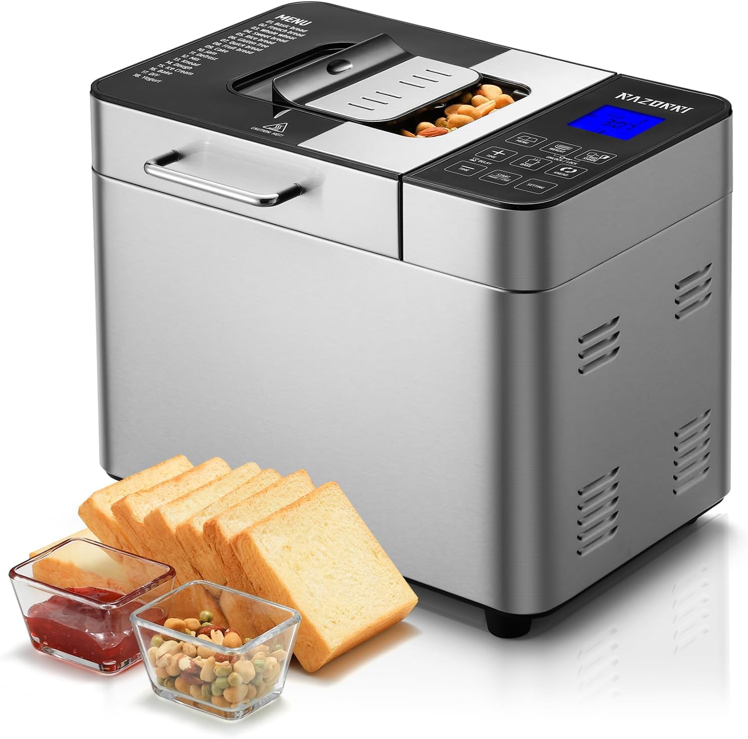 Razorri Bread Maker Machine, 2LB 18-in-1 Programmable Stainless Steel Homemade Bread Machine with Gluten-Free, Auto Nut Dispenser, 15H Delayed-start, 1H Keep Warm, 3 Crust Colors and 3 Loaf Sizes