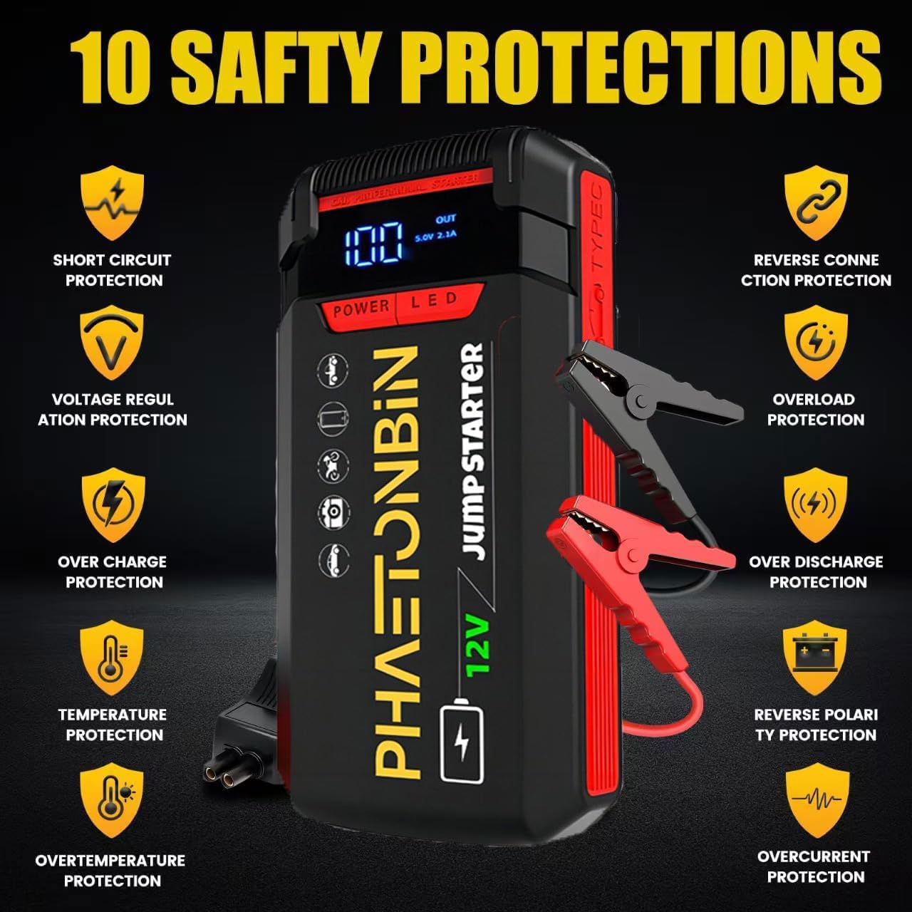 3000A Jump Starter for 7.0L Gas/3.5L Diesel Engine, 12V Car Battery Charger Portable with Jumper Cables,LED Display, LED Light, Power Bank with USB, Type C Port