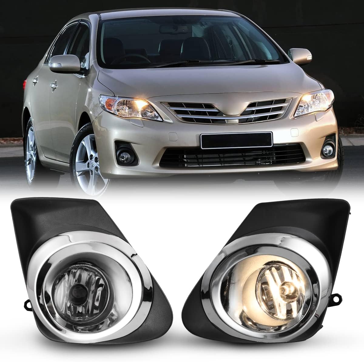 CPW OEM Fog Lights Assembly Fit For 2011 2012 2013 Toyota Corolla, Driver & Passenger Led Driving Fog Lamps Replacement w/ H11 12V55W Halogen Bulbs + Wiring & Switch (Black Housing Clear Lens)