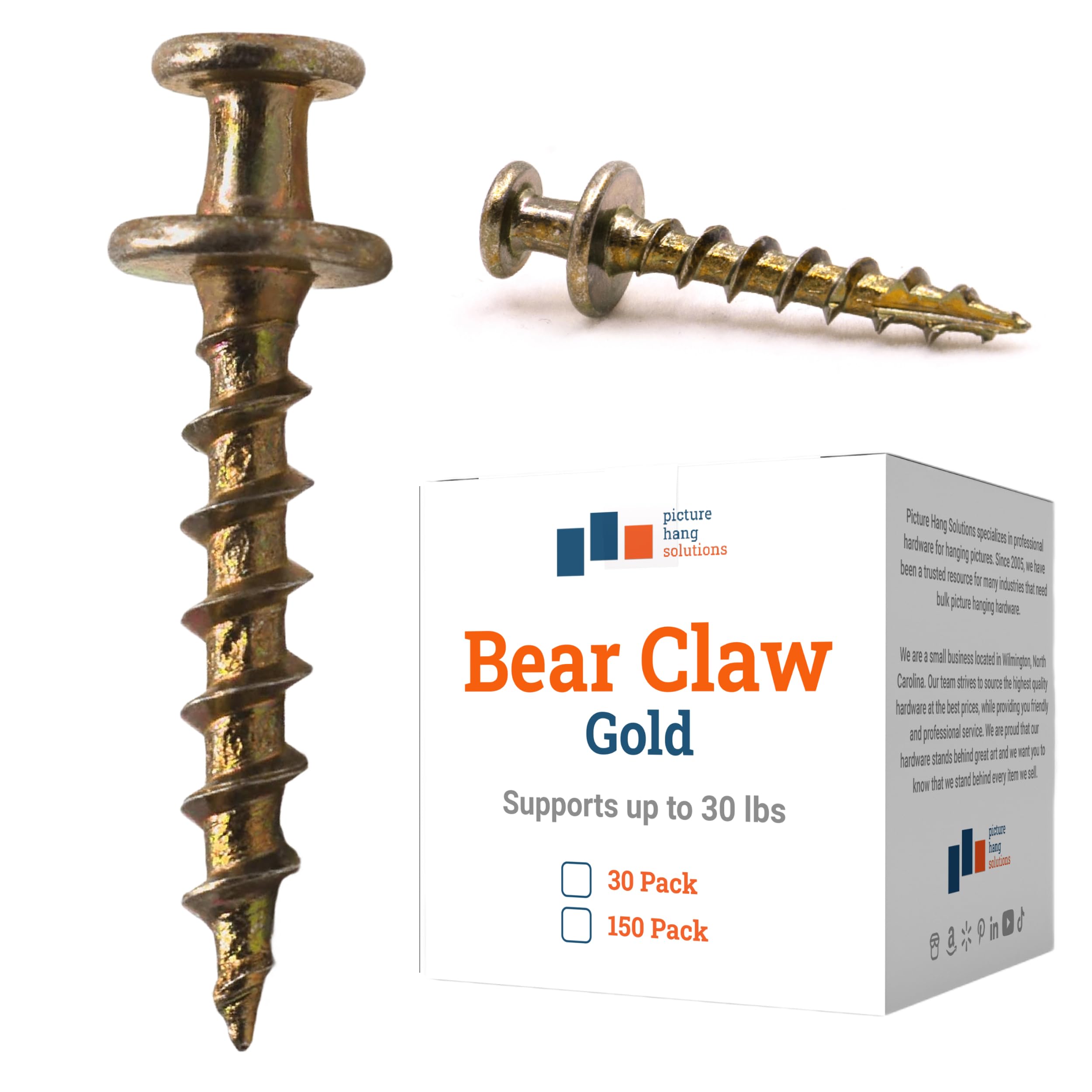 Bear Claw Screw Picture Hanger Gold - 30lb Picture Hooks - 4-in-1 Picture Hanging Screws for D-Rings, Sawtooth, Wire and Keyholes - Mounts in Drywall and Wood Studs 30 Pack Screw Anchors