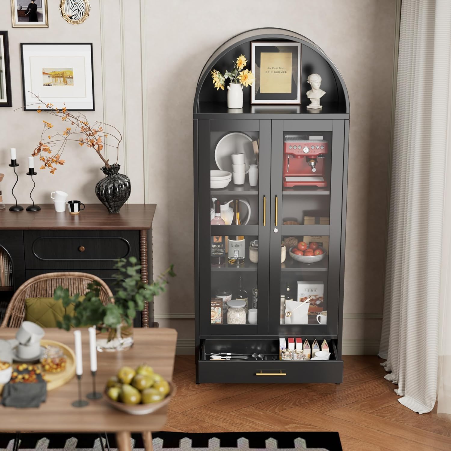 72.83" H Black Metal Arched Cabinet with 1 Drawer,Arched Cabinet with Glass Doors for Home Office Living Room, Assembly Required