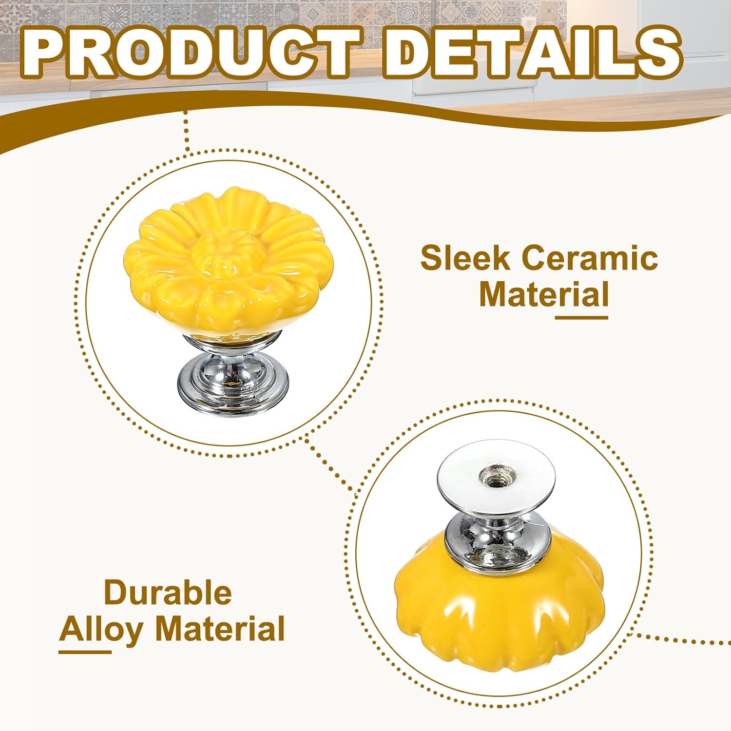 PATIKIL Vintage Floral Cabinet Knobs 1-5/16", 2 Pcs Ceramic Round Drawer Knobs Dresser Knobs Door Hardware Pull Handles with Screw for Kitchen Bathroom Cupboard Wardrobe, Yellow