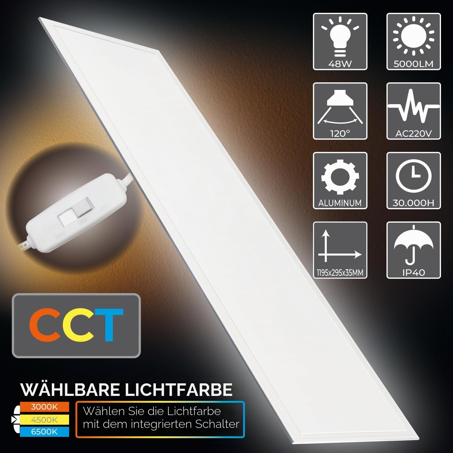 LED ATOMANT Einbau-LED-Panel 120x30cm 48W, CCT (Farbwahlschalter Warmweiß, Neutralweiß oder Kaltweiß), 5000 Lumen, Inklusive Treiber