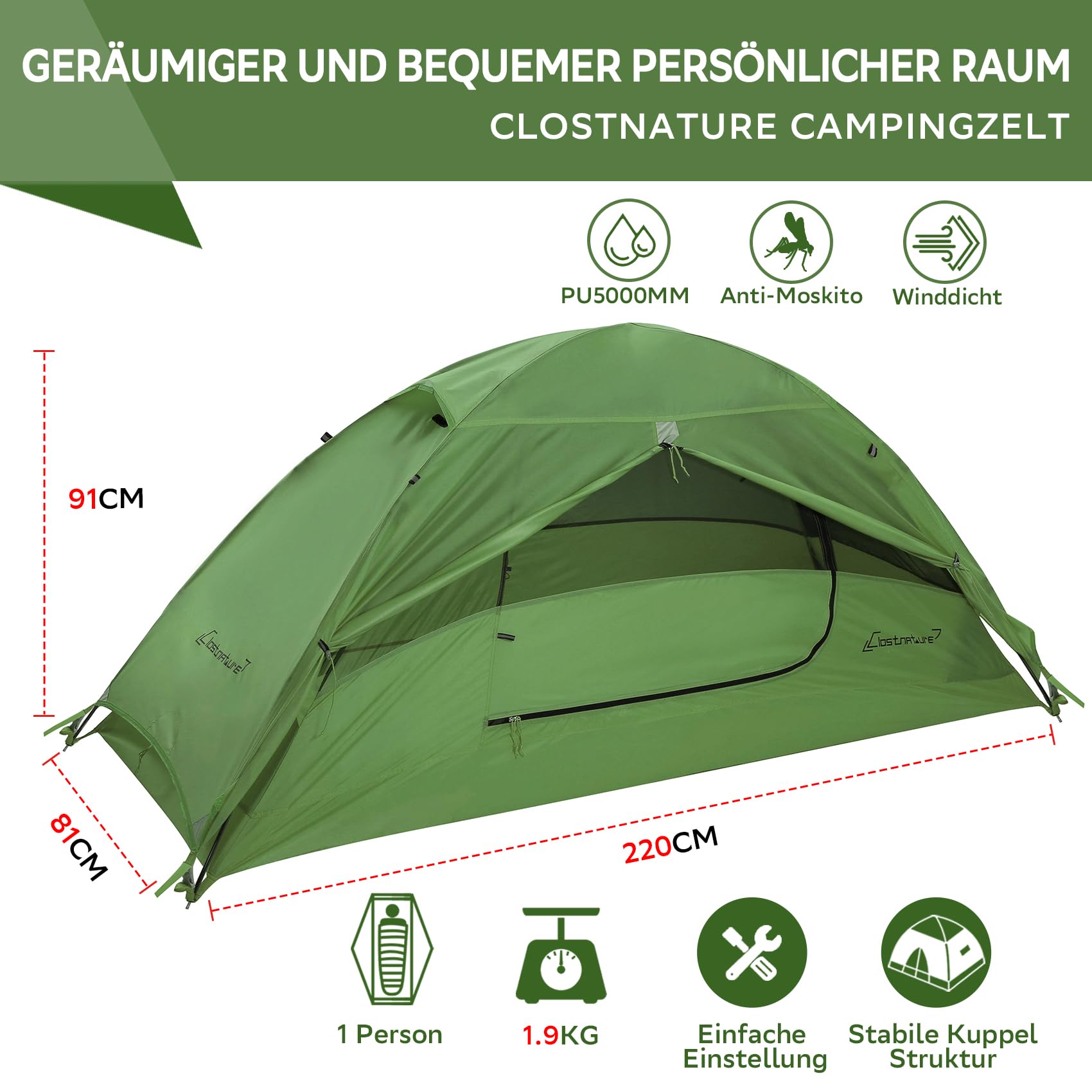 Clostnature Camping Zelt für 1/2/3/4 Personen - Wasserdichtes Campingzelt, Leicht mit Kleinem Packmaß, Winddicht, 3-4 Jahreszeiten Bikepacking Zelt, Geeignet für Trekking, Outdoor, Wandern, Kuppelzelt