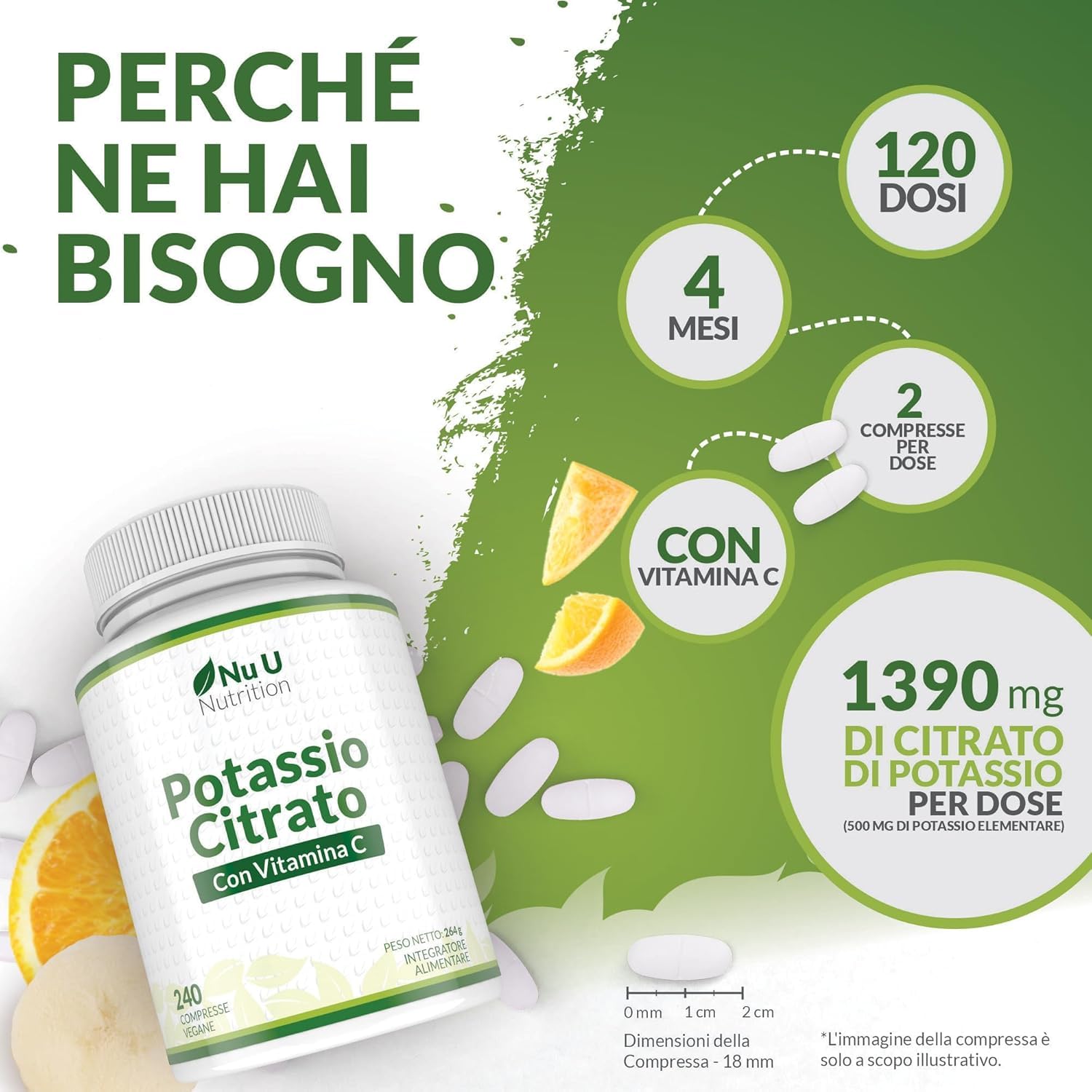 Potassio 1550 mg & Vitamina C - 240 Compresse Vegane - 4 Mesi di Scorta - Citrato di Potassio ad Alta Potenza - Prodotto in Europa - Nu U Nutrition