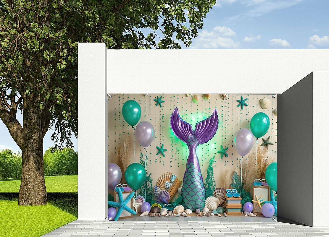 7x8ft Mermaid Garage Door Decor Shimmery Purple Tail Seashell Starfish Accents Balloon Filled Oceanic Scene Garage Door Cover for Indoor Outdoor Enchanting Festive Decor