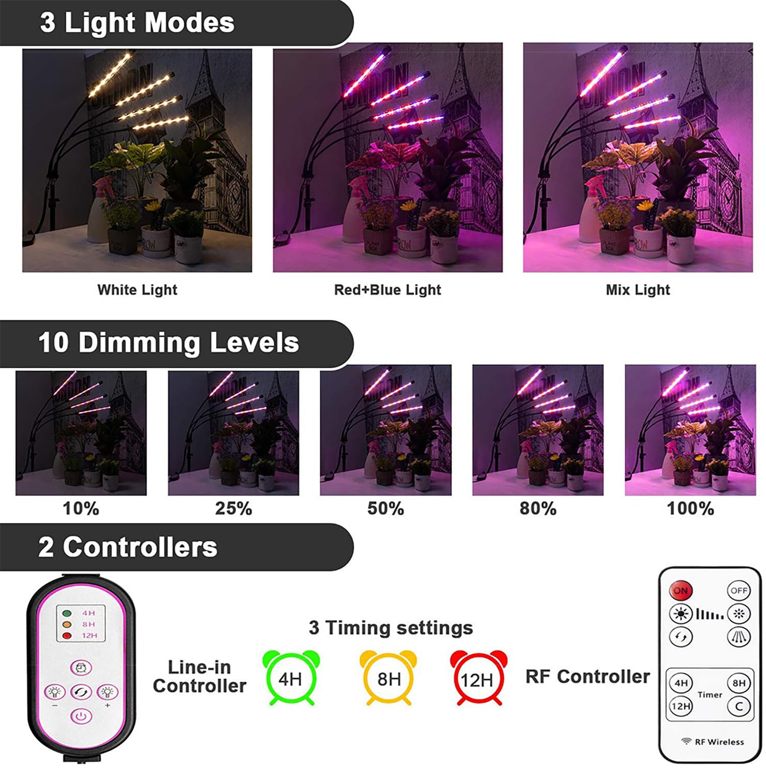 Lampes de croissance LED pour plantes d'intérieur, lampe de croissance à DEL avec support, spectre complet LED, 10 niveaux à intensité variable, 3 modes de synchronisation, trépied réglable de 160 cm.