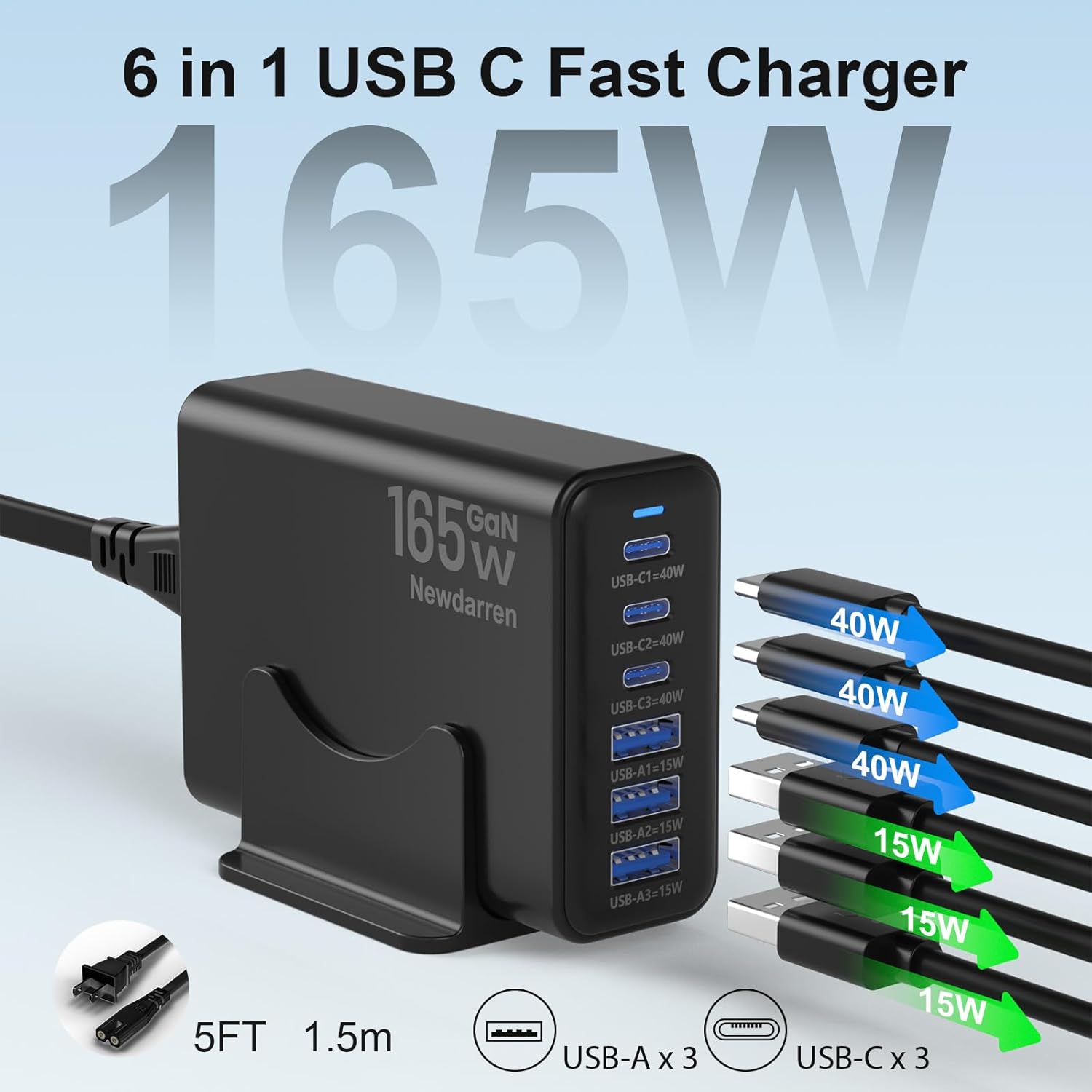iPhone 17 Charger USB C Fast Charger Block, 3 Type C Port Each 40W Charger for iPhone 17 16 15 Pro Max Plus, Galaxy, iPad, Tablet, Total 165W GaN 6 Port Wall Charging Station Hub Adapter Black