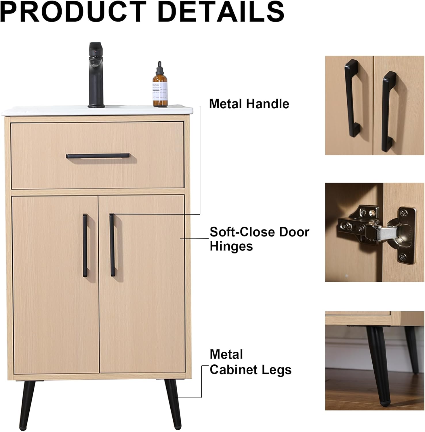 20-inch Solid Wood Bathroom Vanity with Sink, Warm Yellow Color for Free Standing Cabinet, Storage Rack and Drawer for Soft Closing Door