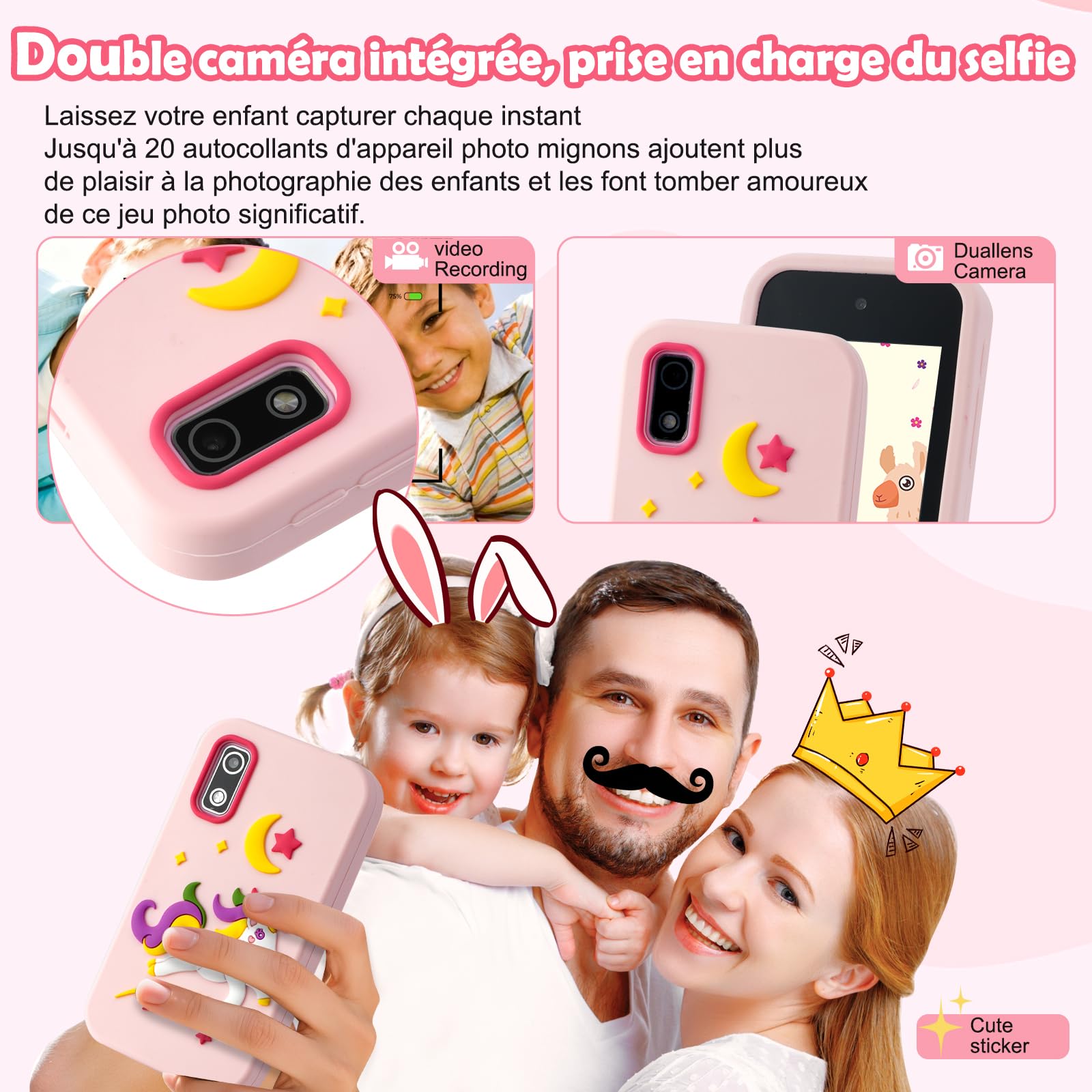 Téléphone Portable pour Enfants, Smartphone Enfant Jouets Enfant de 3, 4, 5, 6, 7 et 8 Ans avec Double Caméra d'enfants 2,8 Pouces Jouet éducatif Cadeau pour Filles de 3 à 8 Ans