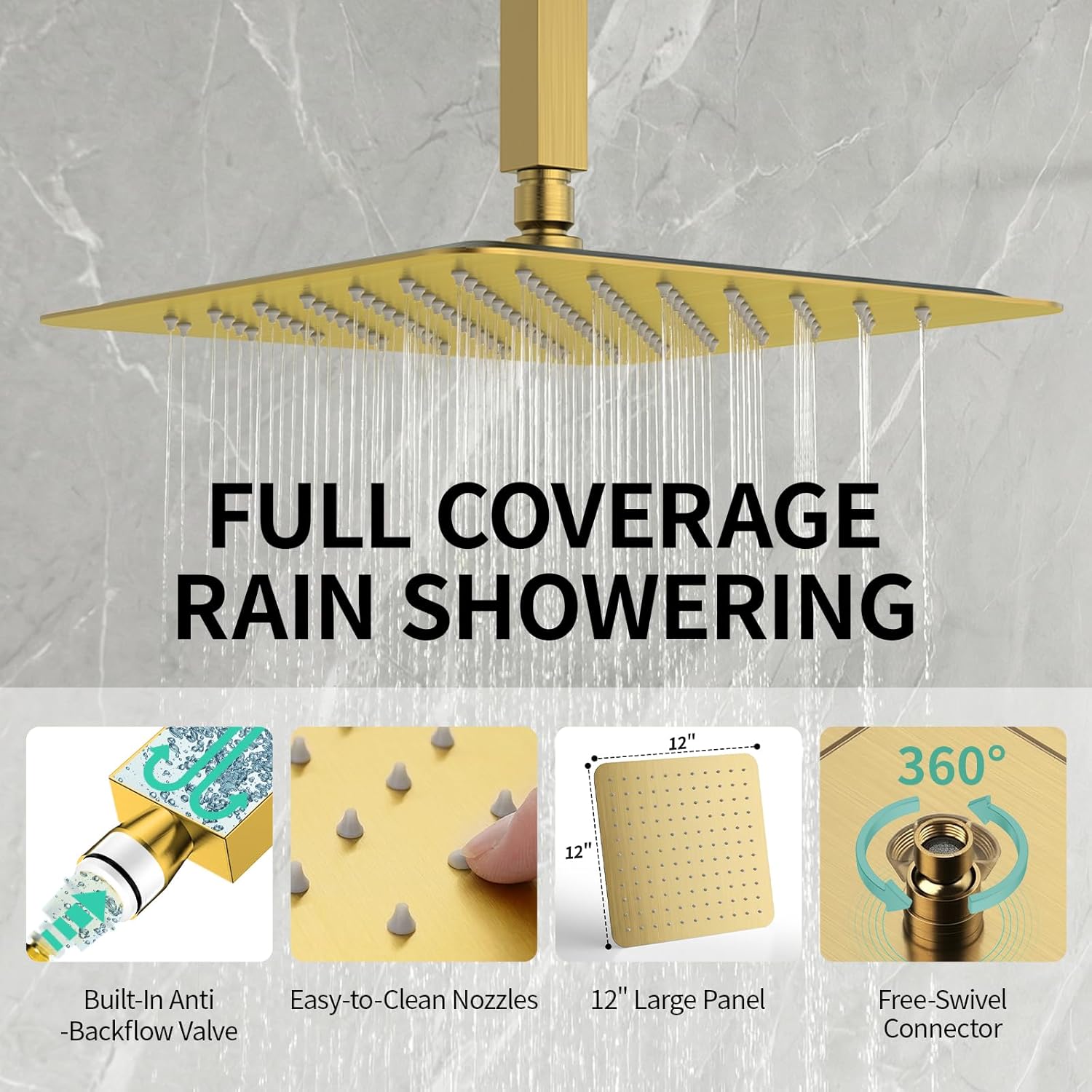 SR SUN RISE 12 Inch Ceiling Mounted Shower System Rain Mixer Shower Combo Set Rainfall Shower Head System Brushed Gold Shower Faucet Trim Repair Kits with Shower Rough-in Valve Body and Trim