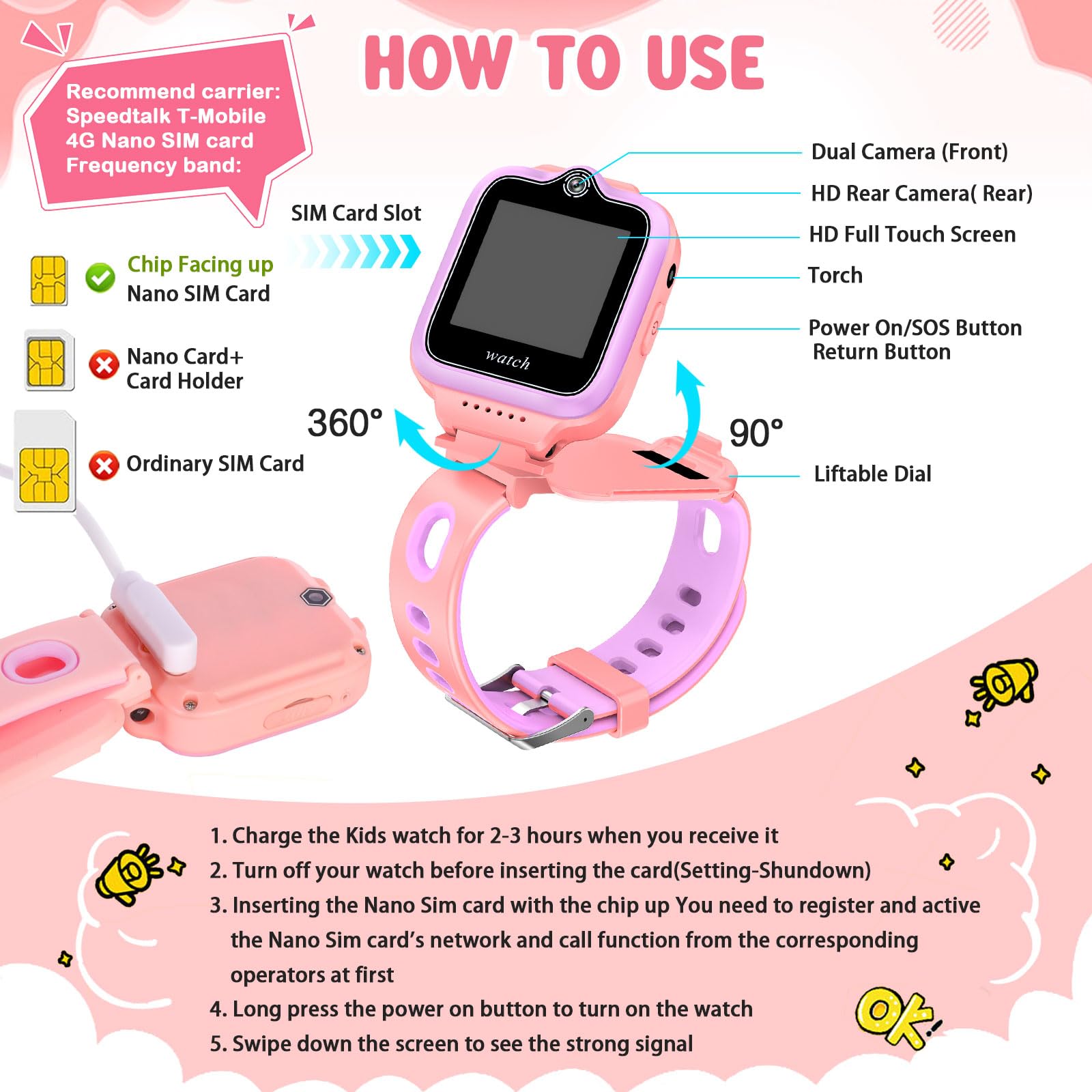 Kids Huawei Watch Rosa Huawei Watch OKYUK Kinder-Smartwatch