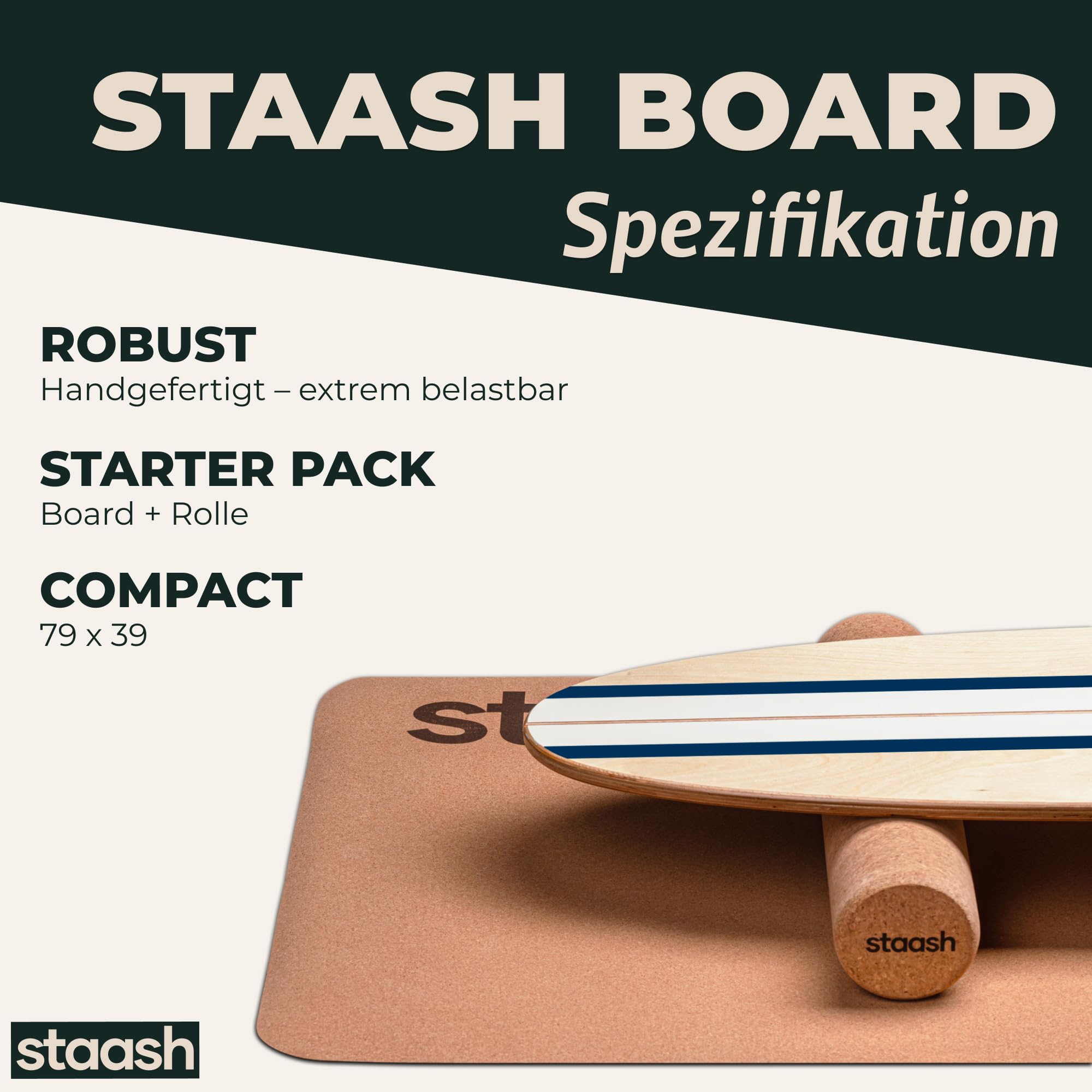 STAASH® Balance Board Holz – Pro Gleichgewichtstrainer inkl. Schutzmatte, Rolle, Halbkugel & Korkball + Videokurs – Indoor-Surfen & Stabilitätstraining
