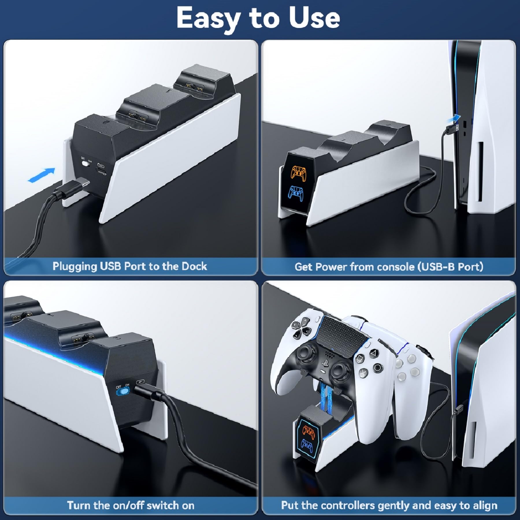 Kytok Chargeur Manette PS5, Station de Chargement Compatible avec Manettes DualSense PS5 & Edge, Charger PS5 avec Indicateur LED et Câble USB-B vers USB-C