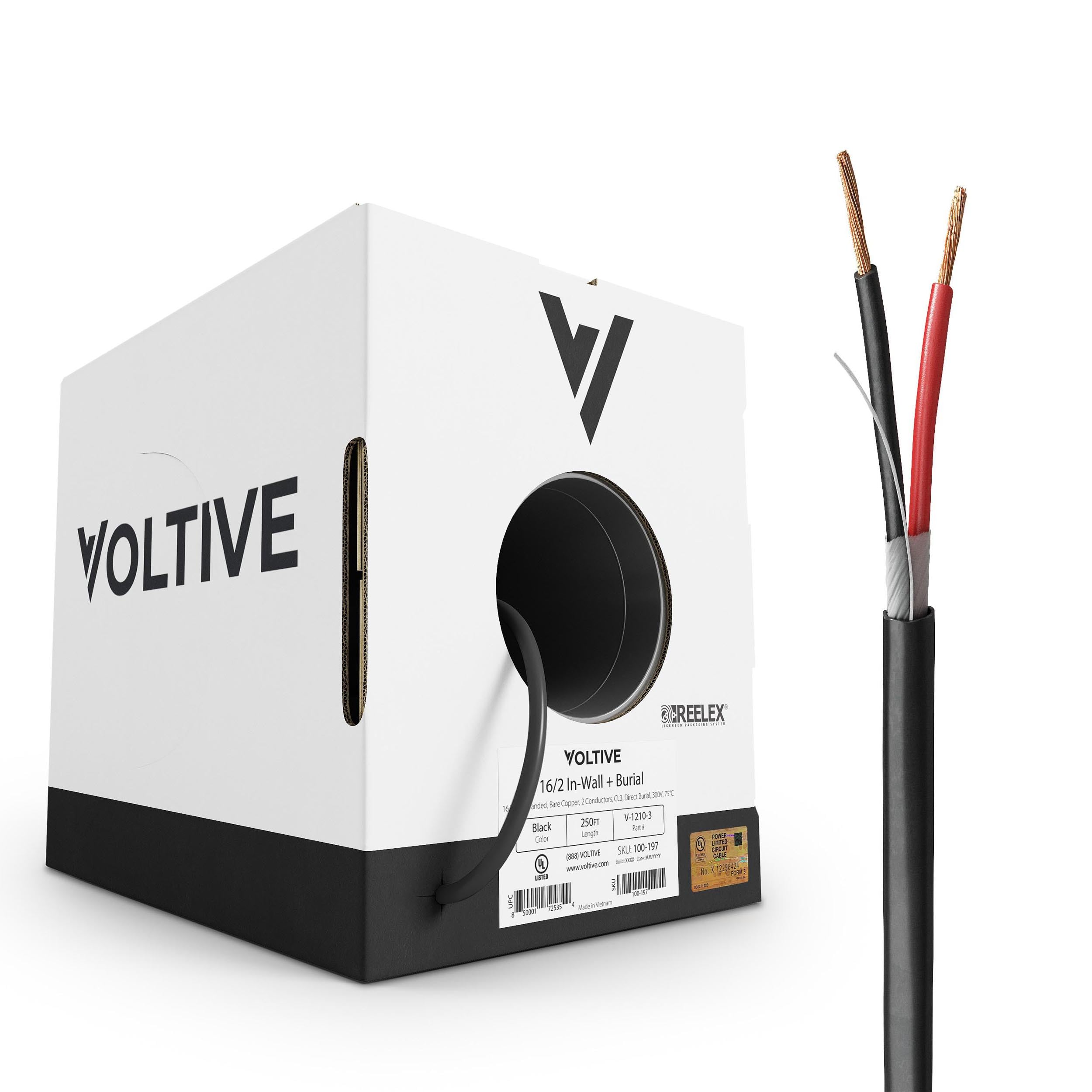 Voltive 16/2 Speaker Wire - 16 AWG/Gauge 2 Conductor - UL Listed in Wall (CL2/CL3) and Outdoor/In Ground (Direct Burial) Rated - Oxygen-Free Copper (OFC) - 250 Foot Bulk Cable Pull Box - Black