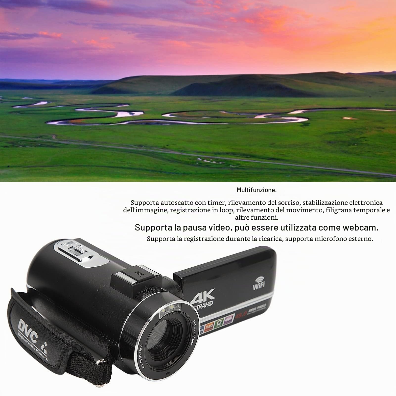 ciciglow Videocamera Digitale HD 4K, 48MP, Zoom 18X, Touch Screen 3.0 Pollici, WiFi, Telecomando, Batteria 1500mAh