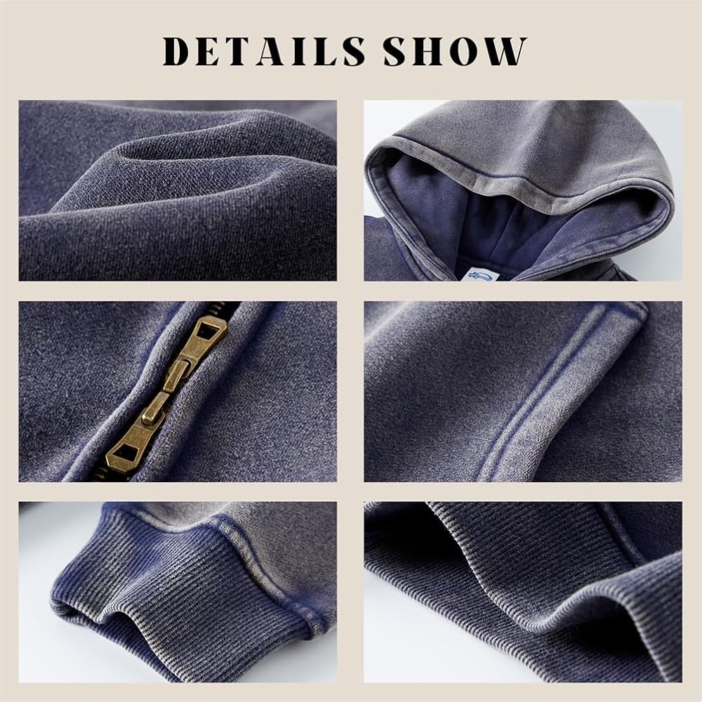 Unisex Winter Thick Fleece Zipper Acid Wash Hoodies Loose Hoodie