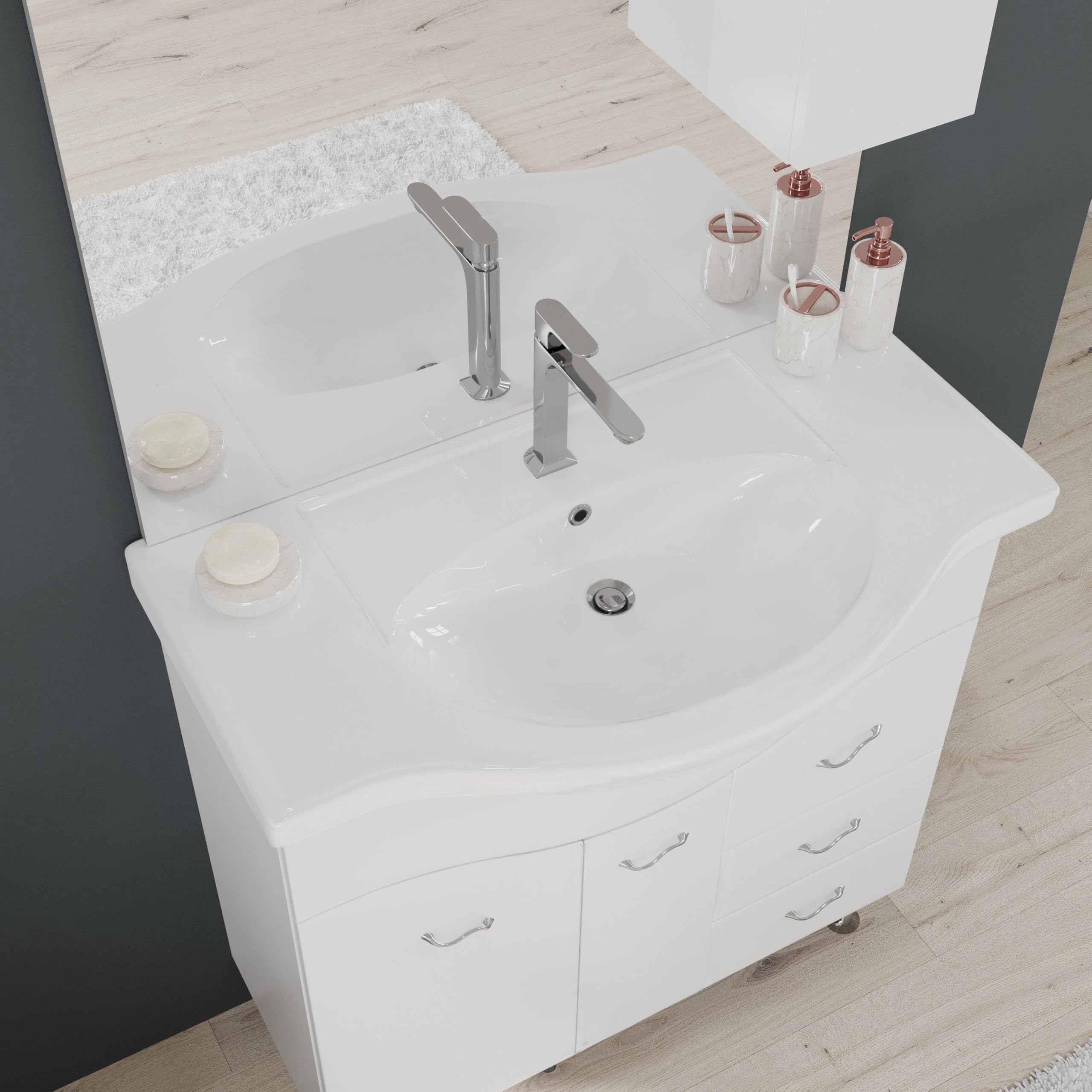 Kiamami Valentina - Mueble de baño de 85 cm en el Suelo con Lavabo, Espejo y Armario Colgante en Color Blanco.