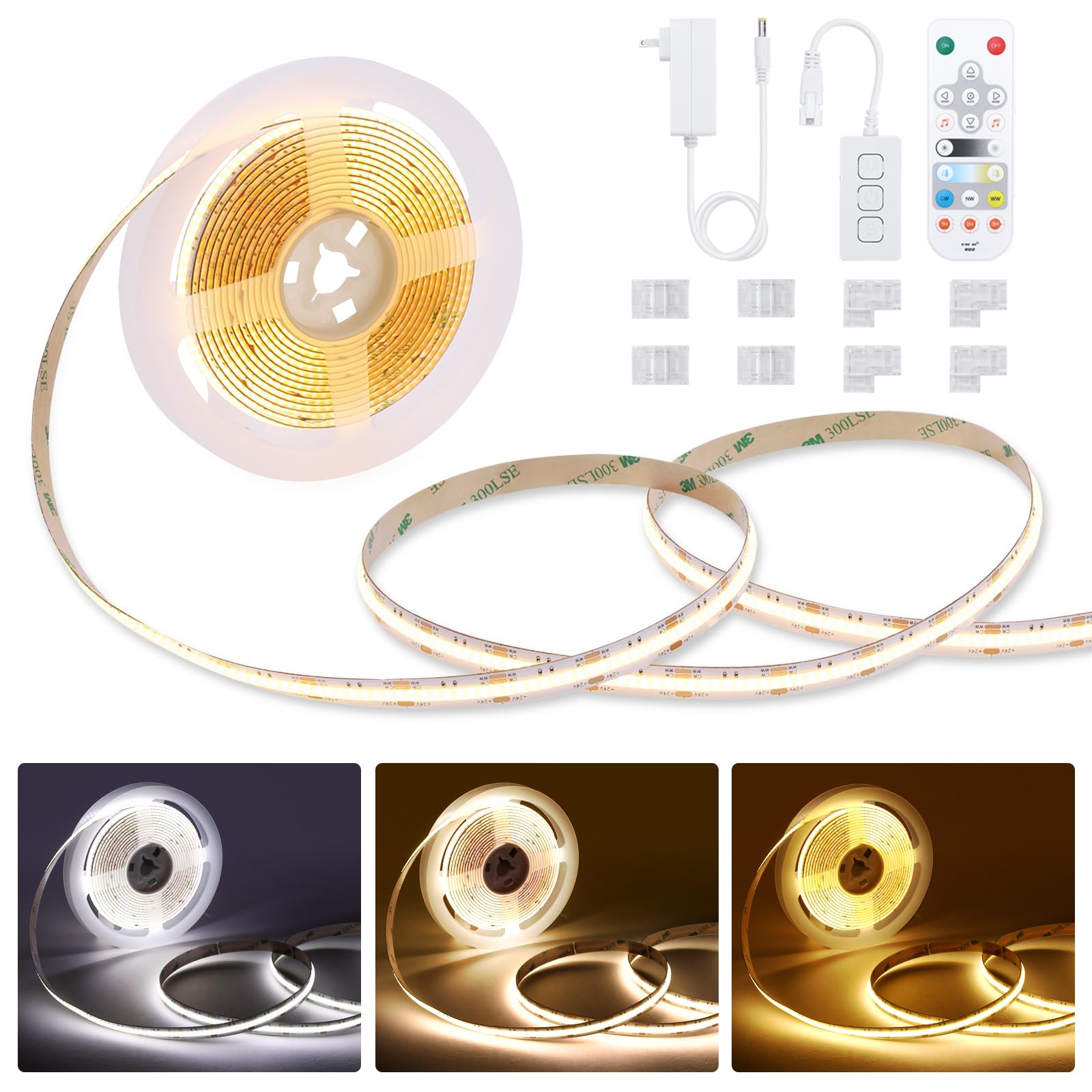 CCT COB Smart LED Strip - 32.8ft/10m Tunable White 2700K-6500K 24V Dimmable Strip Light with Remote 6400LEDs CRI90+ Compatible with Alexa/Google
