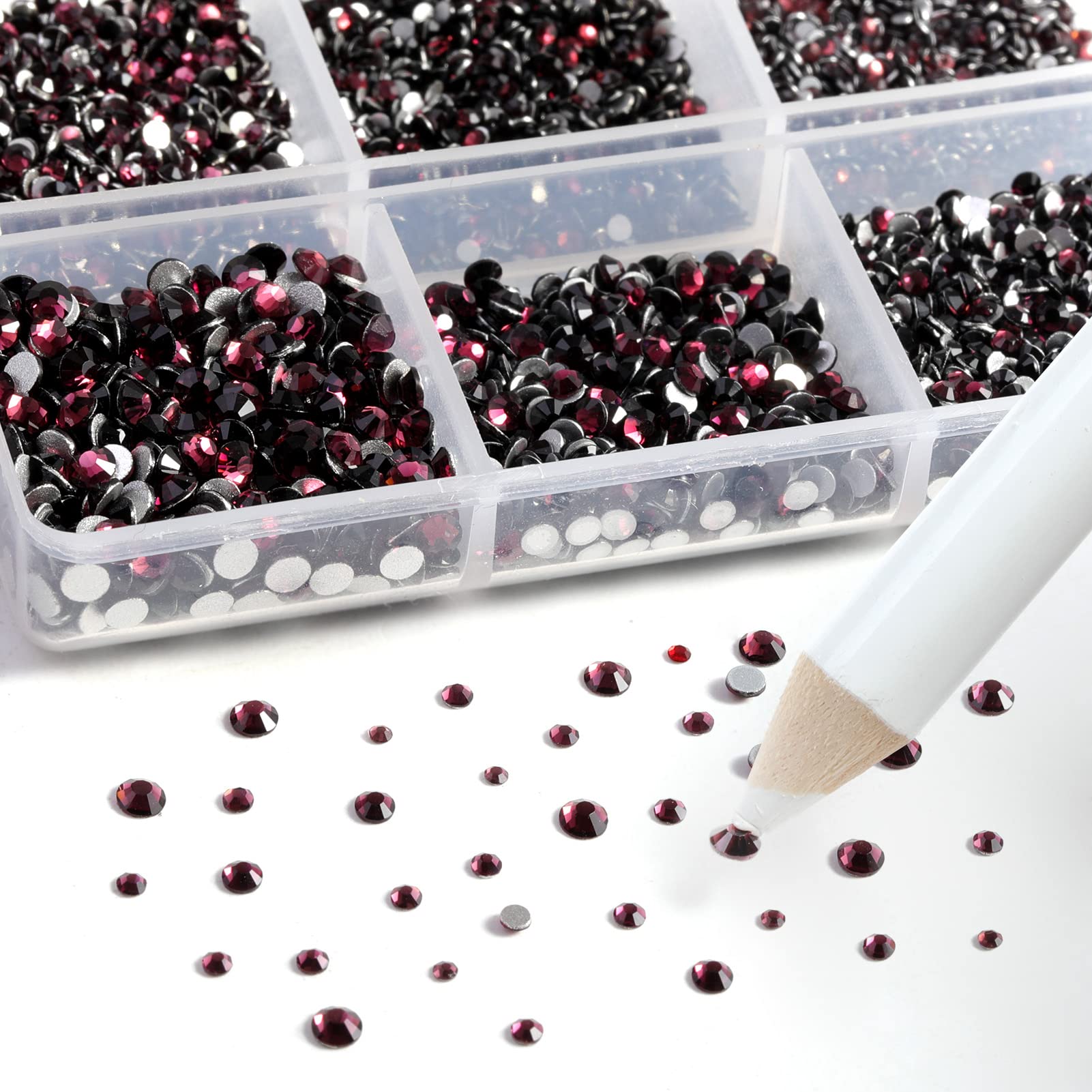Beadsland 7200 Pcs Flatback Rhinestones for Nails,Burgundy Round Small Crystal Rhinestones Gems for Crafts,Mixed 6 Sizes with Wax Pencil Kit,SS3-SS10,Amethyst - Image 2