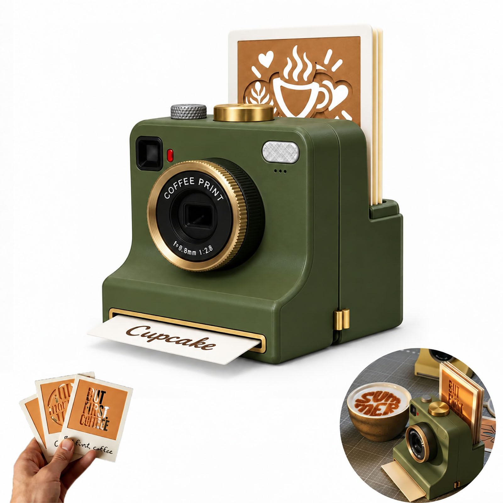 3D Printed Latte Art Camera, Includes 12 Coffee Latte Art Cards (Green)