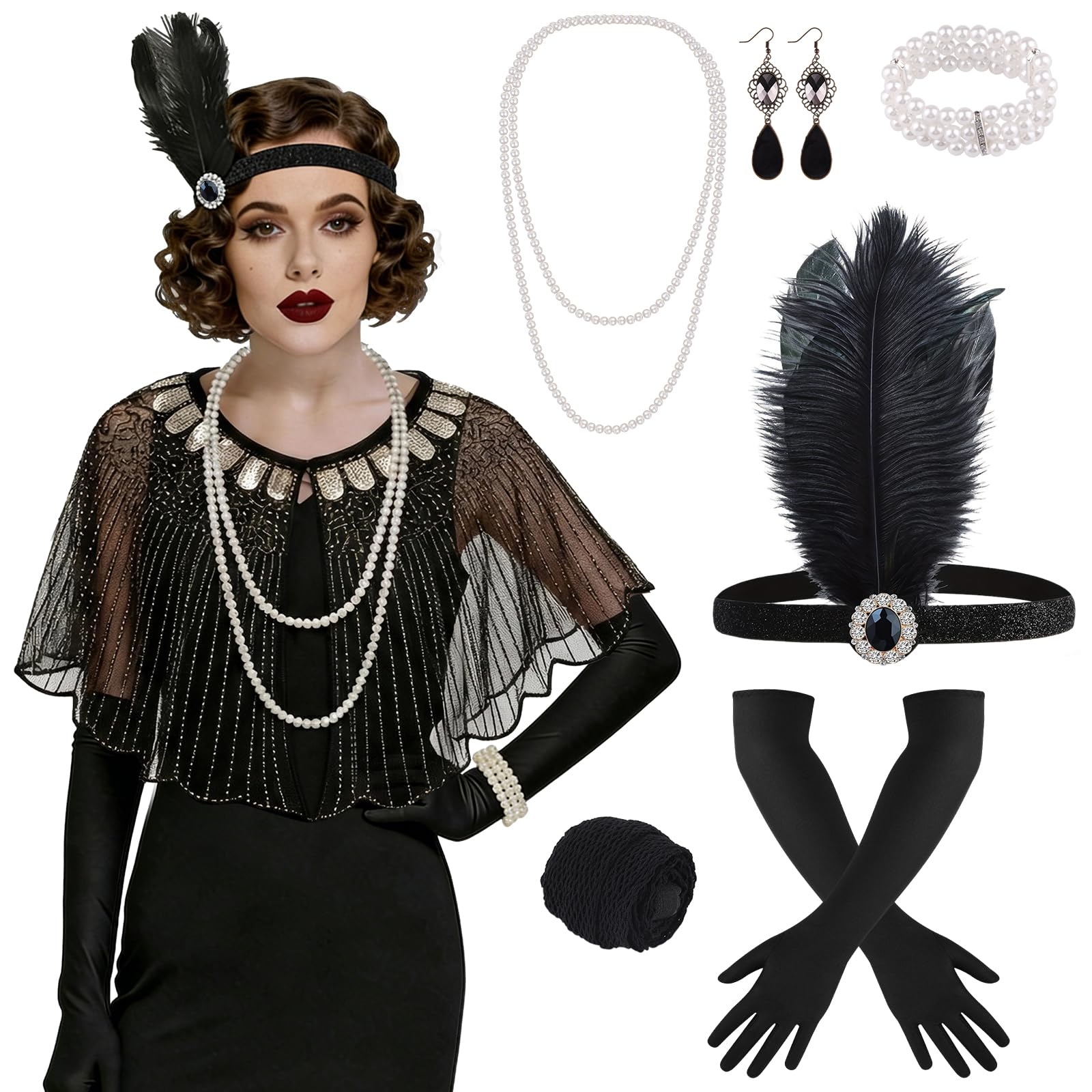 ELECLAND 10 Pieces 1920s Flapper Great Gatsby Accessories Set Fashion Roaring 20's Theme Set with Headband Headpiece Long Black Gloves Necklace Earrings for Women (Black Gold (Style 7))