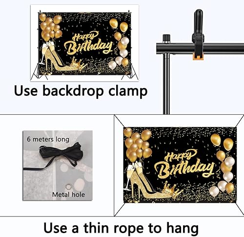 Miniatura 5 de Telón de fondo de poliéster suave de 7 x 5 pies, color negro y dorado con brillantina, globo dorado brillante, zapatos de tacón alto, fondo de