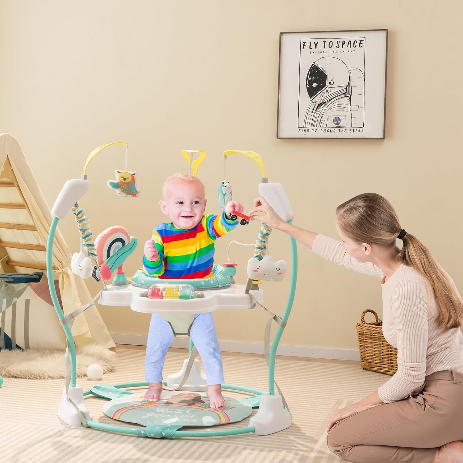 HONEY JOY Baby Bouncer Activity Center, Infant Jumper and Table w/ 360° Rotary Seat, 3 Adjustable Heights, Mat, Music, Lights, Sounds & Developmental Toys, Activity Center for Babies 6+ Months, Blue