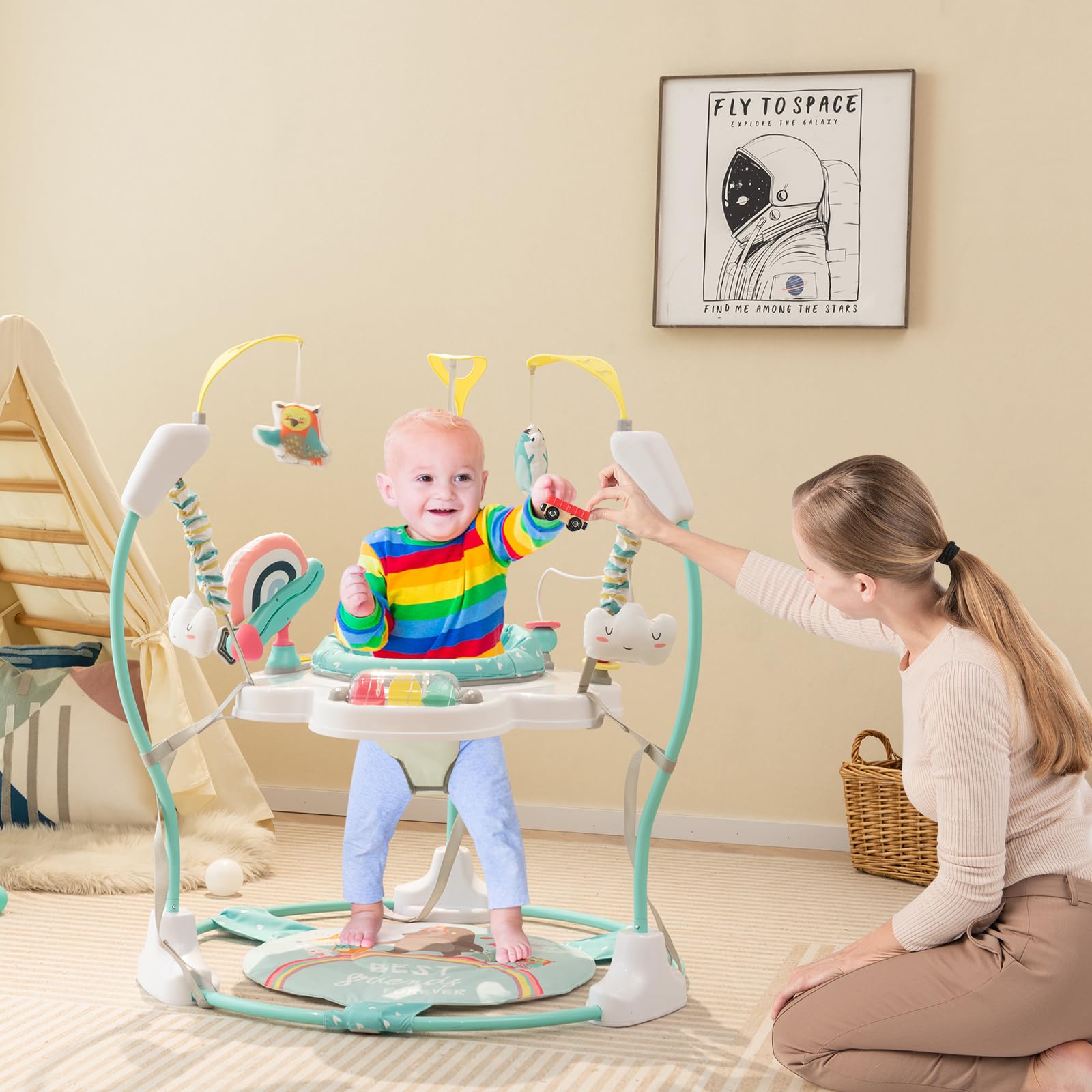 HONEY JOY Baby Bouncer Activity Center, Infant Jumper and Table w/ 360° Rotary Seat, 3 Adjustable Heights, Mat, Music, Lights, Sounds & Developmental Toys, Activity Center for Babies 6+ Months, Blue