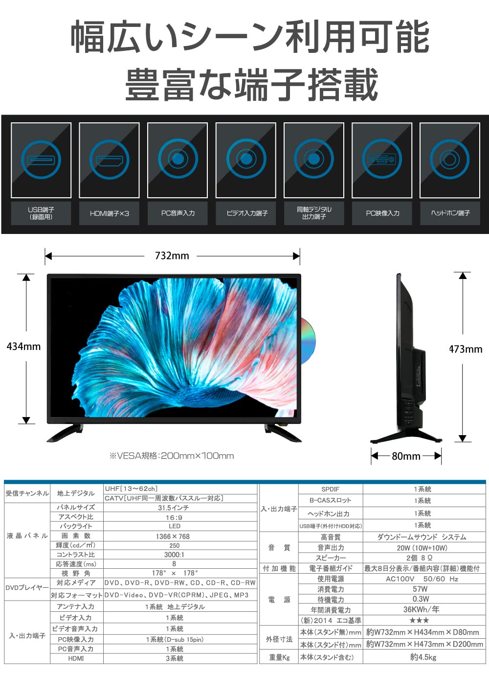 Amazon | 32インチ 液晶テレビ DVDプレーヤー内蔵 音声付き1.5倍速再生