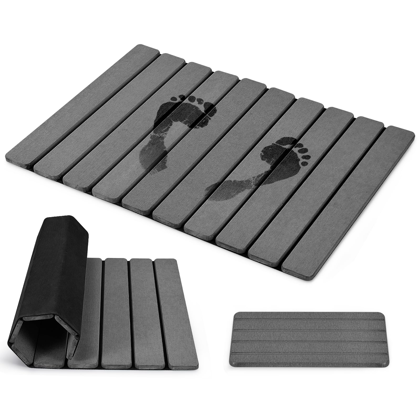 Foldable Stone Bath Mat, 2 PCS Quick-Dry Diatomaceous Earth Stone Drying Mat for Bathroom, Non-Slip Rubber Base, Shower Mat Outside Shower, Easy to Store, Easy to Clean (Grey 24"×16" & 8"x4")