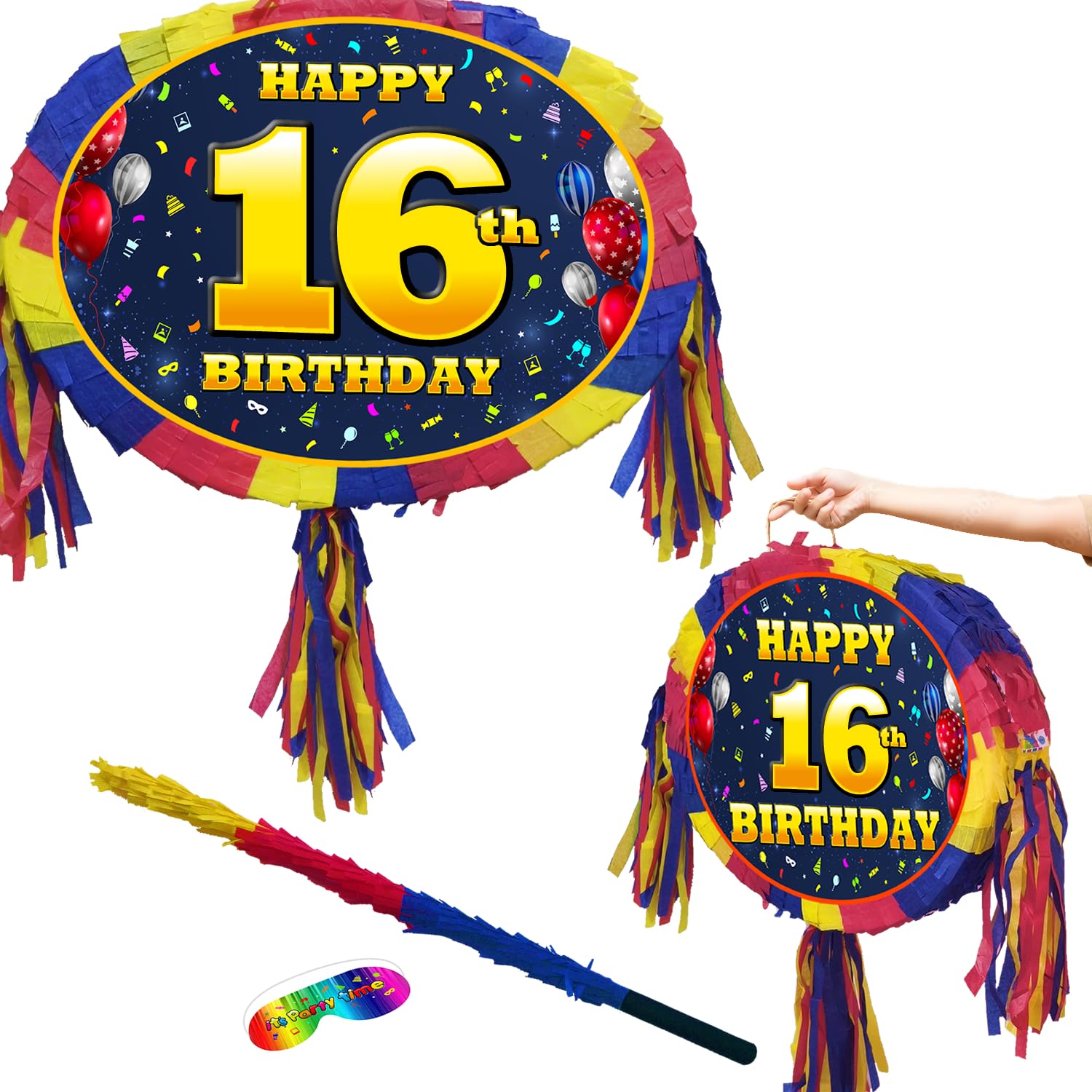 16th birthday pinata with stick - Sixteen party game - Big 18 inch, Red, Blue, Yellow - Image 4