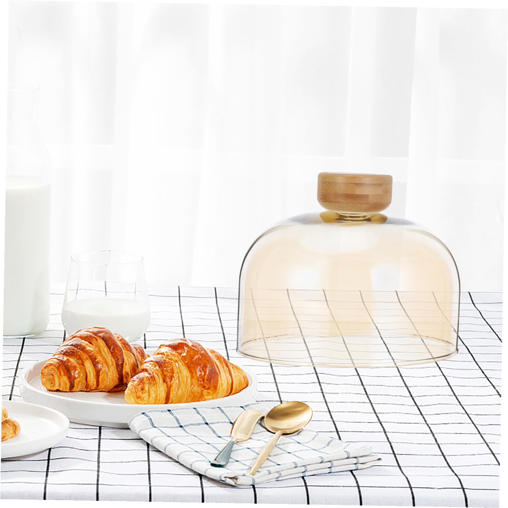 jojofuny Soporte de Vidrio para Tartas con Tapa de Madera y Cúpula Beige | Bandeja de Postre con Tapa, Expositor de Frutas y Aperitivos, Uso en Reuniones Familiares E Interiores