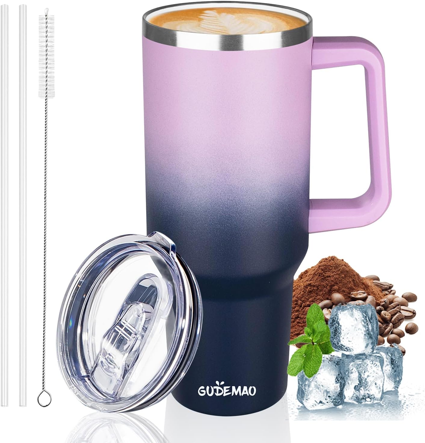 GUDEMAO 40 oz Insulated Coffee Mug with Ceramic Coating, Stainless Steel Travel Mug Tumbler with Handle Lid and Straw, Double Wall Leak-Proof Coffee Travel Mug Keeps Drink Hot and Cold (Purple Navy)
