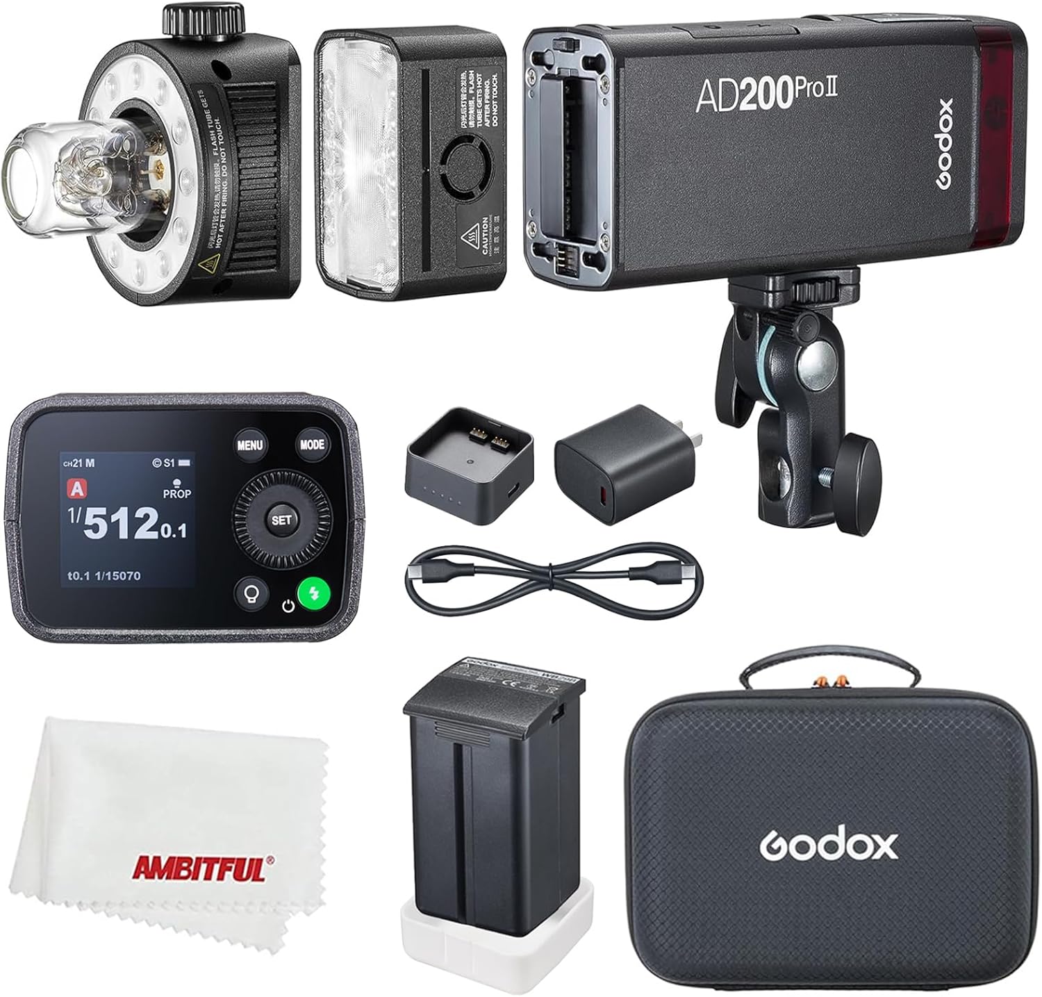 Godox Outdoor Flash,Godox AD200 Pro II AD200ProII Flash Strobe,200Ws 1/512~1/1,1/8000 HSS, 0.01-1.8s Recycle Time, 2980mAh Battery,2.4G Wireiess X System,Bare Bulb/Speedlite Fresnel Flash Head