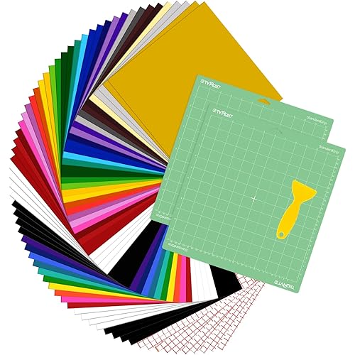 HTVRONT 70 Pack Vinyl for Cutting Machine, 57 Sheets 12" X 12" Permanent Adhesive Vinyl Sheets & 2 Cutting Mat & 10 Transfer Paper Permanent Bundle
