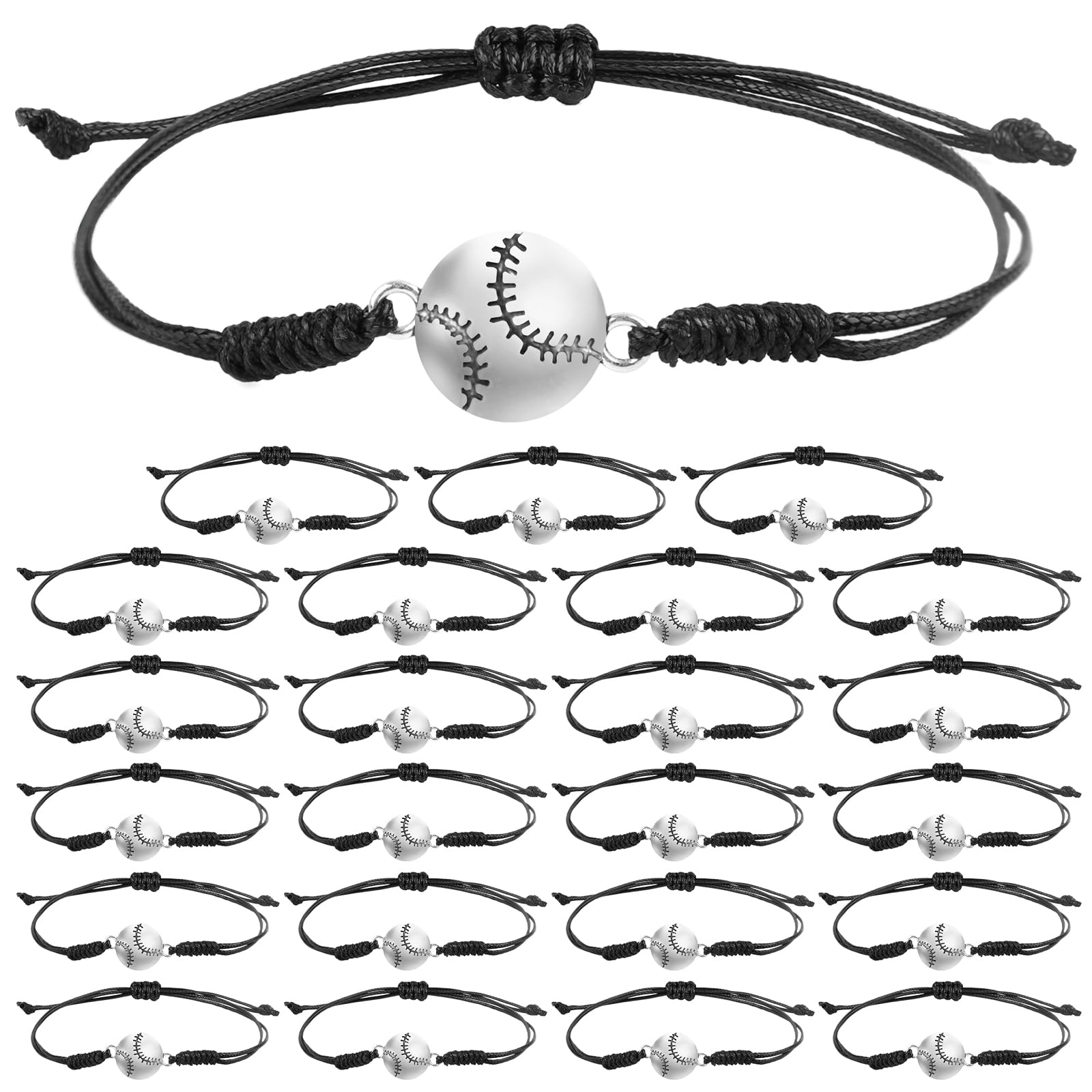 NQEUEPN 24pcs Baseball Bracelets, Hand Braided Rope & Metal Baseball Charm Wristbands, Unisex Sports Bracelet for Girls, Boys, Team, Coaches, Teens, Adults
