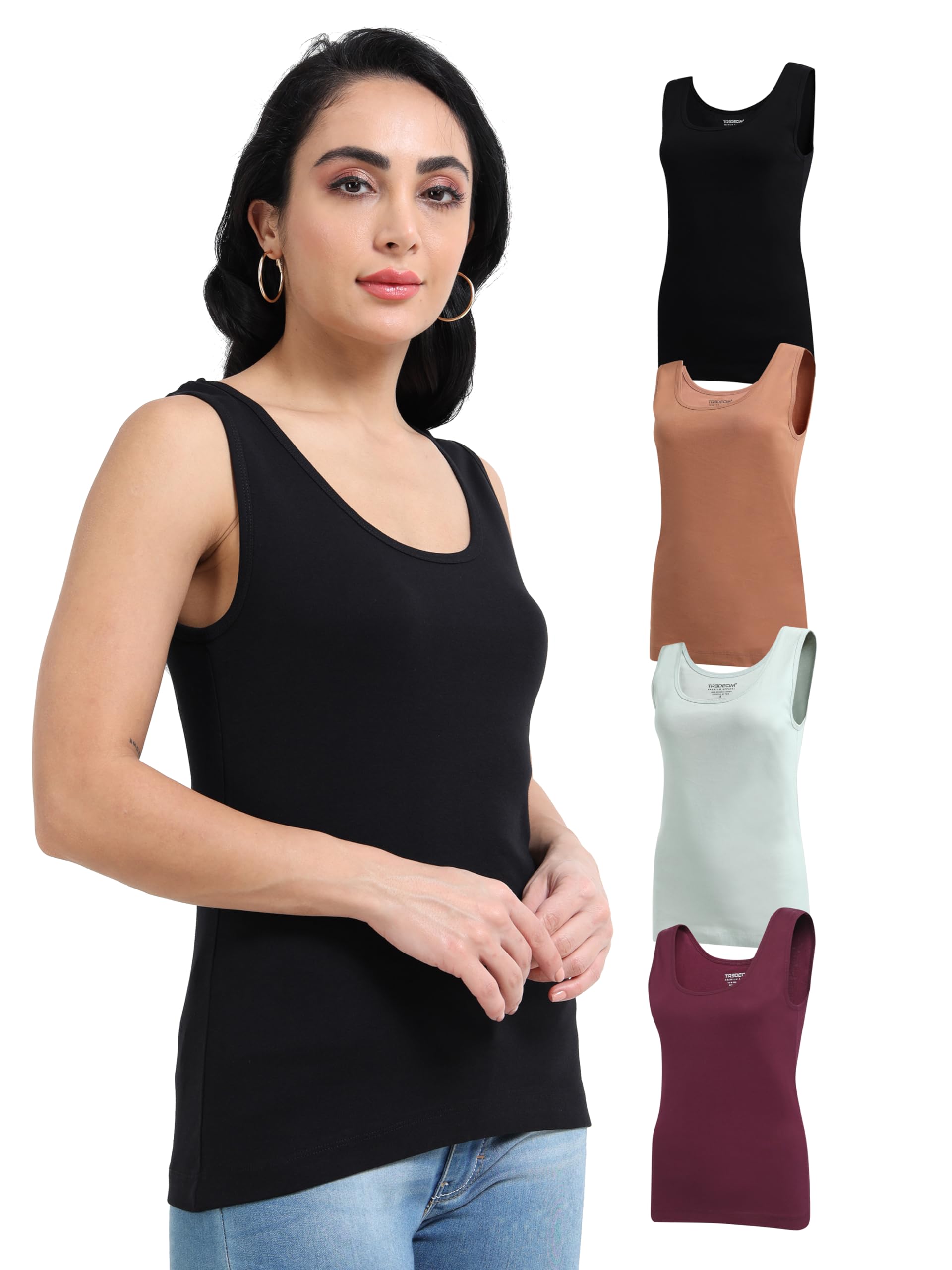 TREDECIM Women's Tank Tops Cotton Undershirts Mini-Ribbed Cotton, Women’s Scoop Neck, Sleeveless Comfy T-Shirts 4 Pack