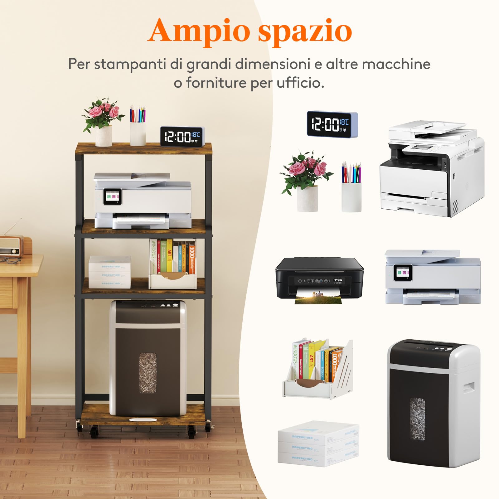 Lifewit Carrello per Stampante 4 Livelli con Ruote e Ripiano Regolabile, Supporto per Stampante per Ufficio Domestico, Carrello per Distruggi Documenti, Scanner, Marrone Rustico, 53x40x112cm
