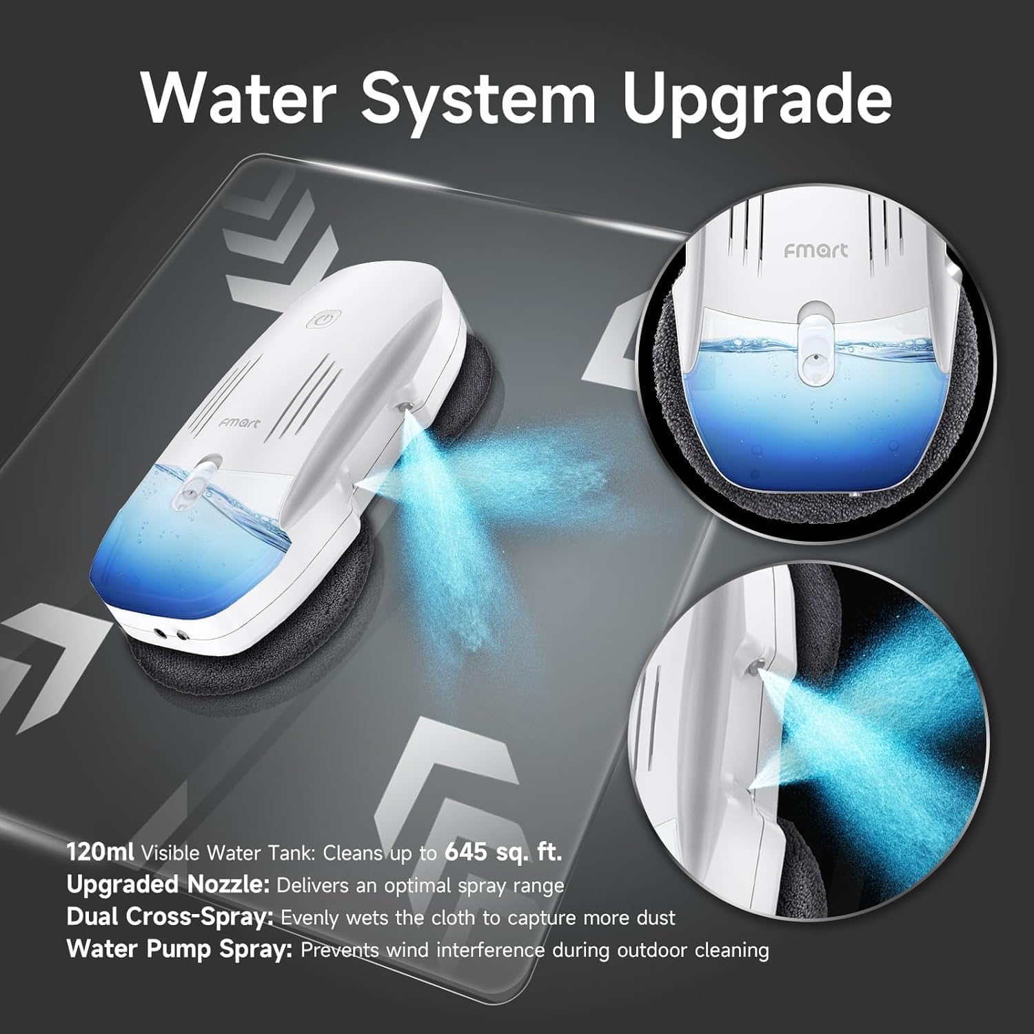 FMART T10PRO Window Cleaning Robot highlighting its water system upgrade with a 120ml visible water tank, upgraded nozzle, dual cross-spray, and water pump spray for optimal cleaning.