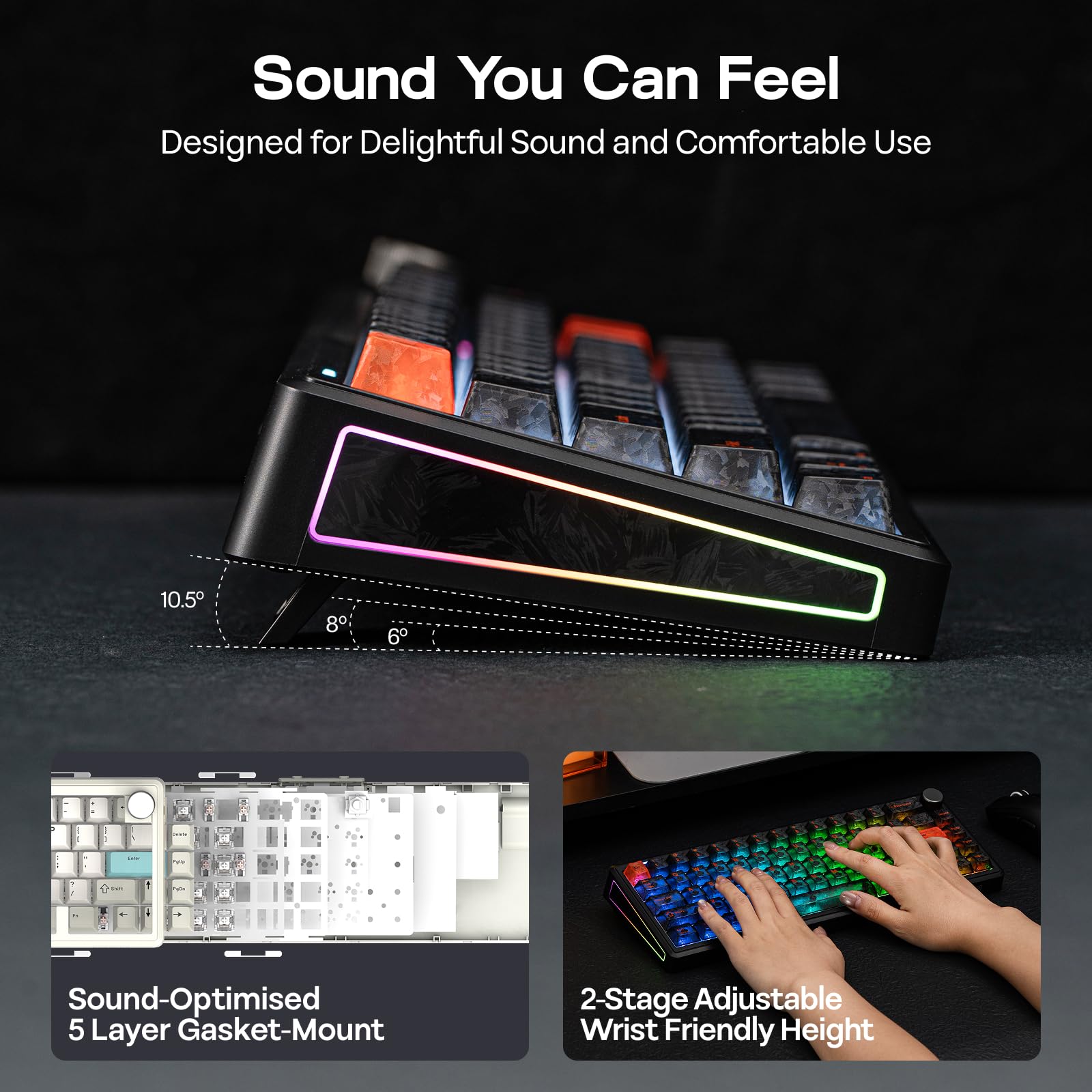 EPOMAKER TH65 Teclado Mecánico Inalámbrico con Perilla (Negro, Crystal) | Formato 65%, Batería de 8000mAh, Soporte Ajustable para la Comodidad, BT/2.4GHz/USB-C, Hot-Swappable, RGB, Gasket Suave