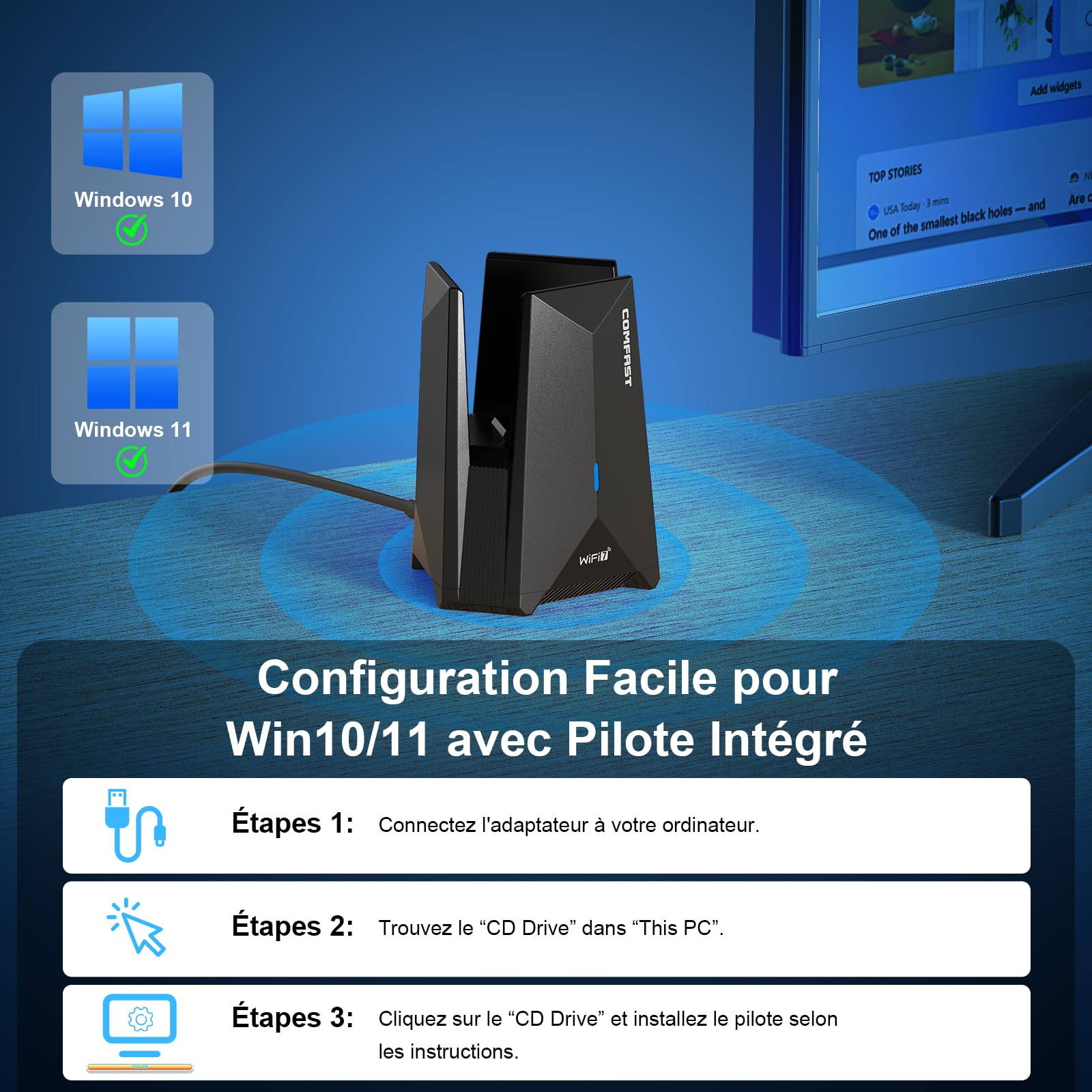 COMFAST BE6500 Mbps Clé WiFi Puissante, Wi-FI 7 Clé WiFi pour PC Tri-Bande | Adaptateur USB WiFi Longue Portée avec 3*6dBi Antenne, MU-MIMO, OFDMA, WPA3, Compatible avec Windows 11/10
