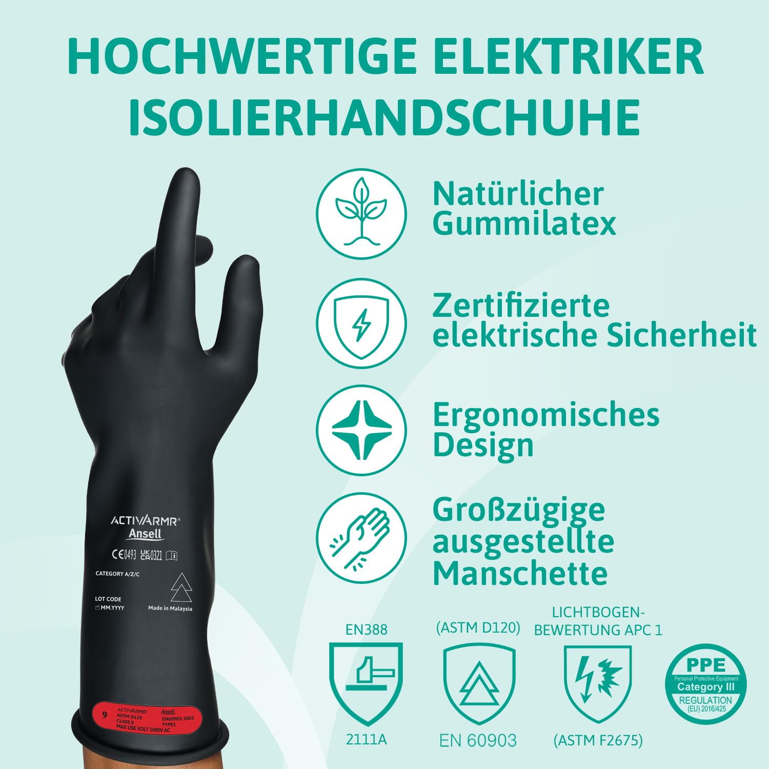 Ansell ActivArmr Elektriker-Schutzhandschuhe, Elektroschutz Klass 0 (1000V), Elektrisch Isolierende Gummihandschuhe, Professionelle Arbeitshandschuhe 36cm, Schwarz, Größe XL (1 Paar)