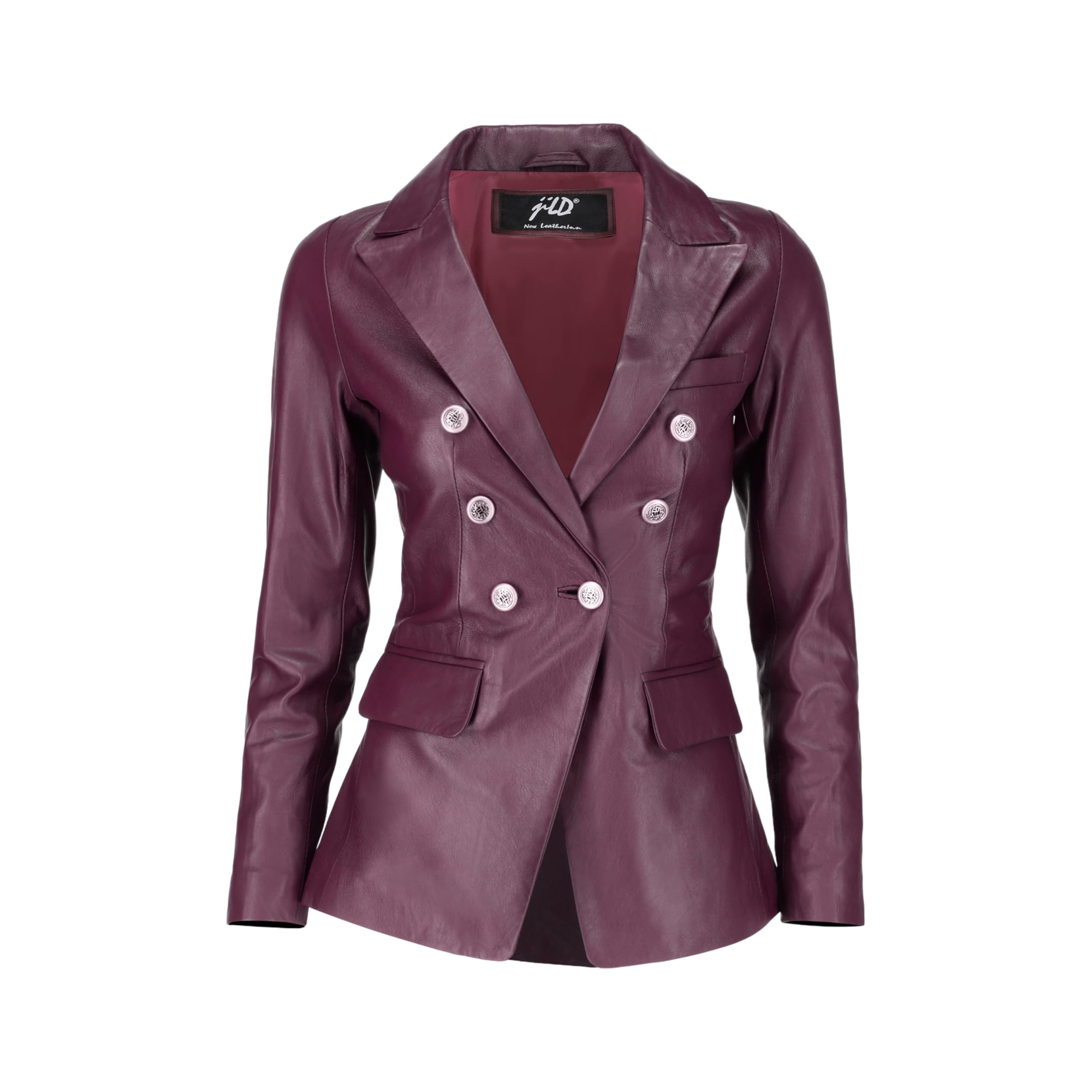 Jild Double Breasted Fancy Buttons Lambskin Leather Blazer Women - Kim Kardashian Long Sleeve Coat Style Leather Jacket Women