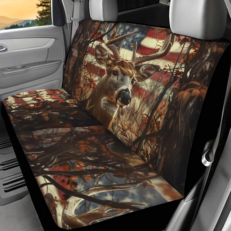 WELLFLYHOM Capa para Banco Traseiro Bipartido em Tecido Elástico Estampado 00 Hunting Deer American Flag, 2 peças