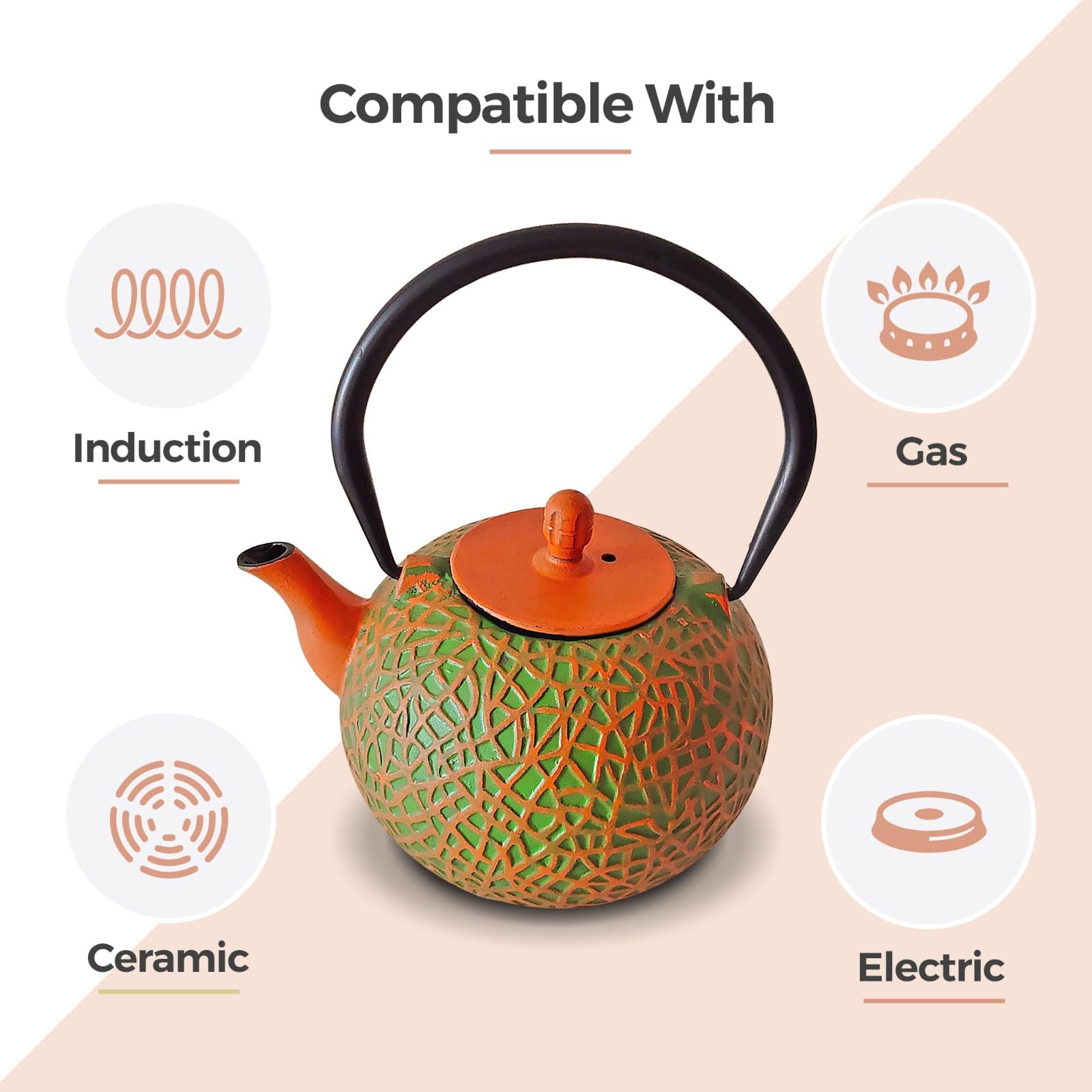 Théière Japonaise Tetsubin en Fonte avec intérieure en émail et infuseur - Orange et Vert 0,8L